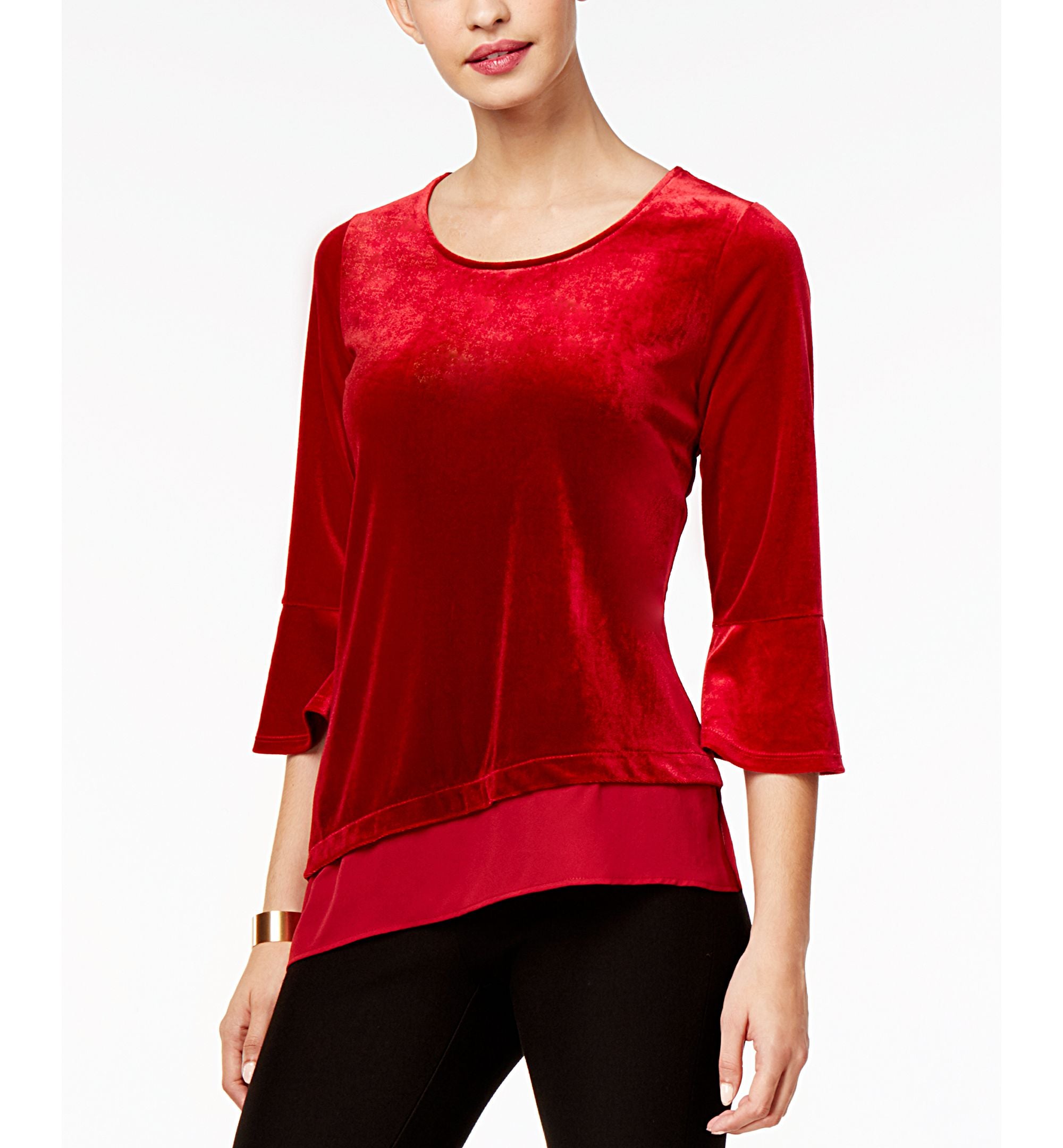 NY Collection Asymmetrical Chiffon Trimmed Velvet Premium Top