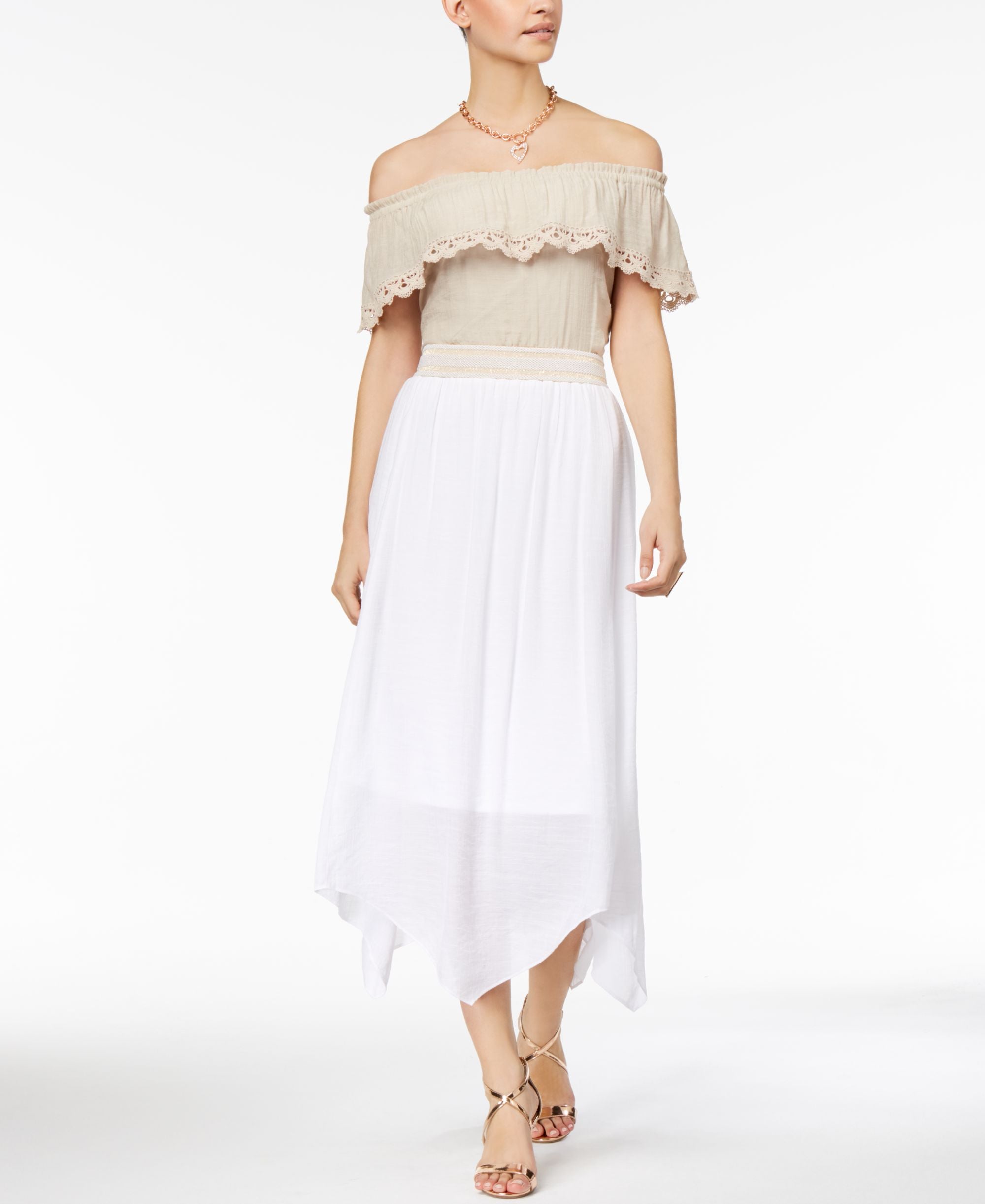 Thalia Sodi Off The Shoulder Tie Hem Gauze Premium Top