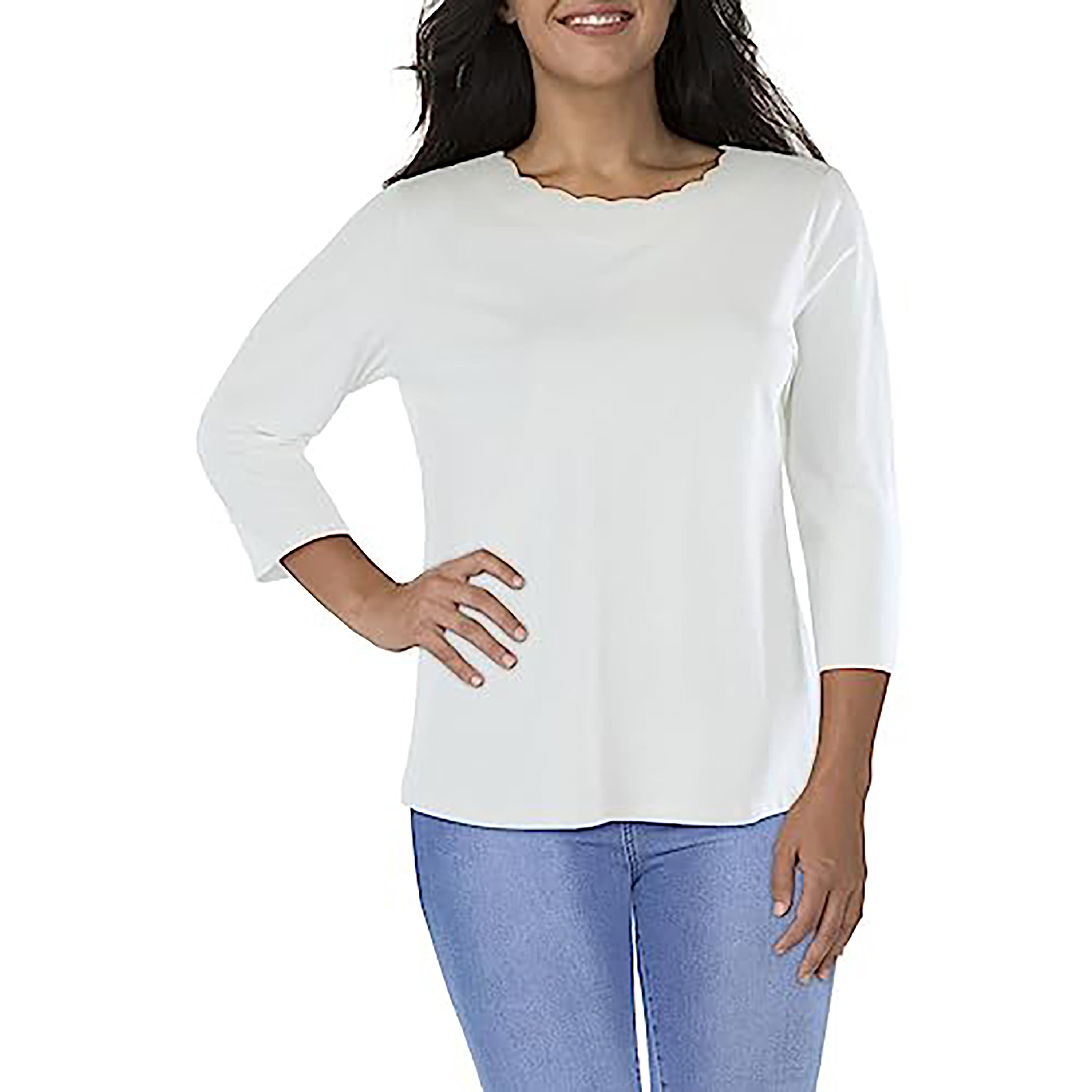 Anne Klein Womens Plus 3/4 Sleeve Scalloped Pullover Premium Top