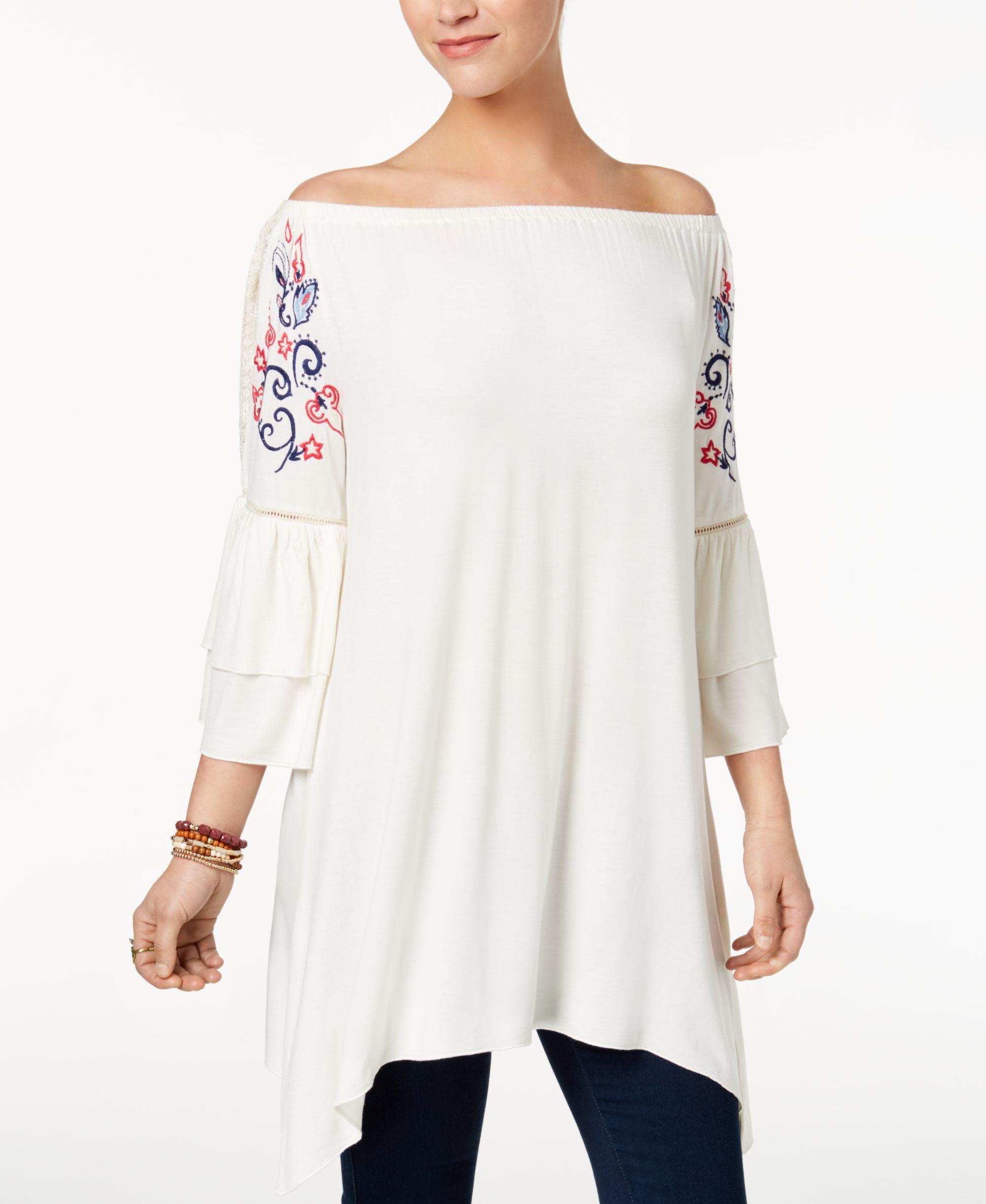 NY Collection Embroidered Lace Trim Ruffle-Sleeve Premium Top