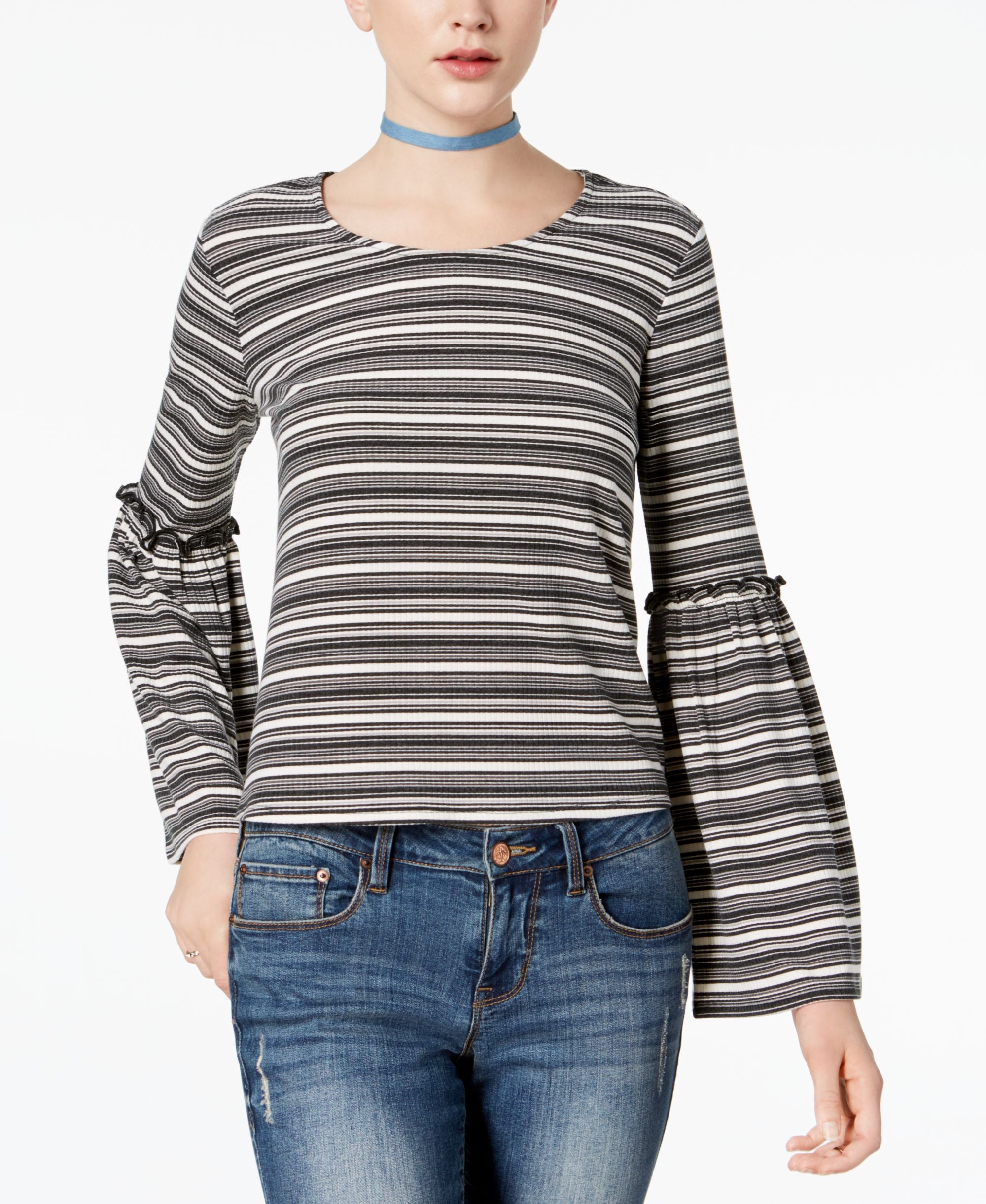 Love Fire Juniors Striped Rib Knit Bell Sleeve Premium Top