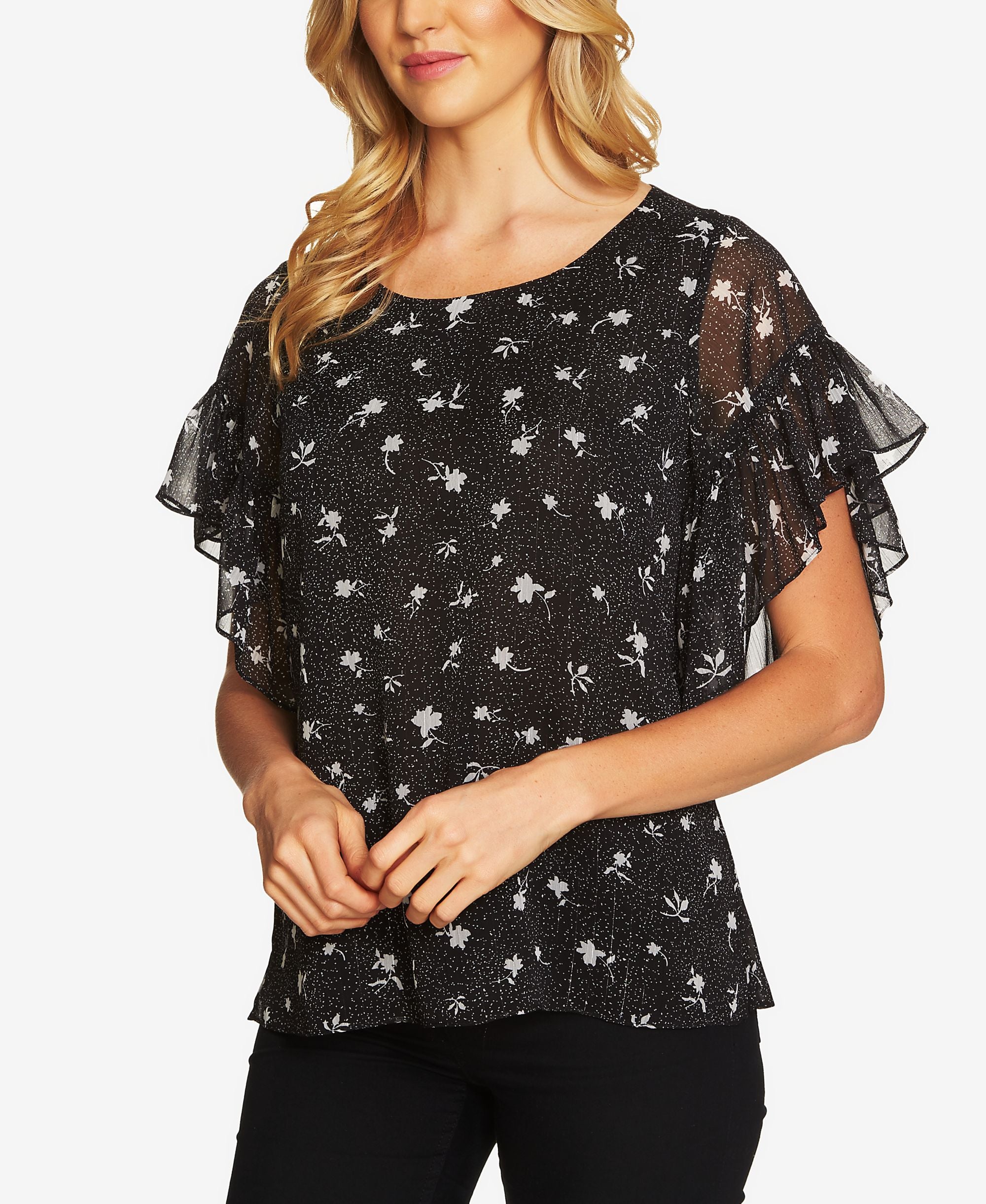 Cece Flutter-Sleeve Printed Signature Blouse