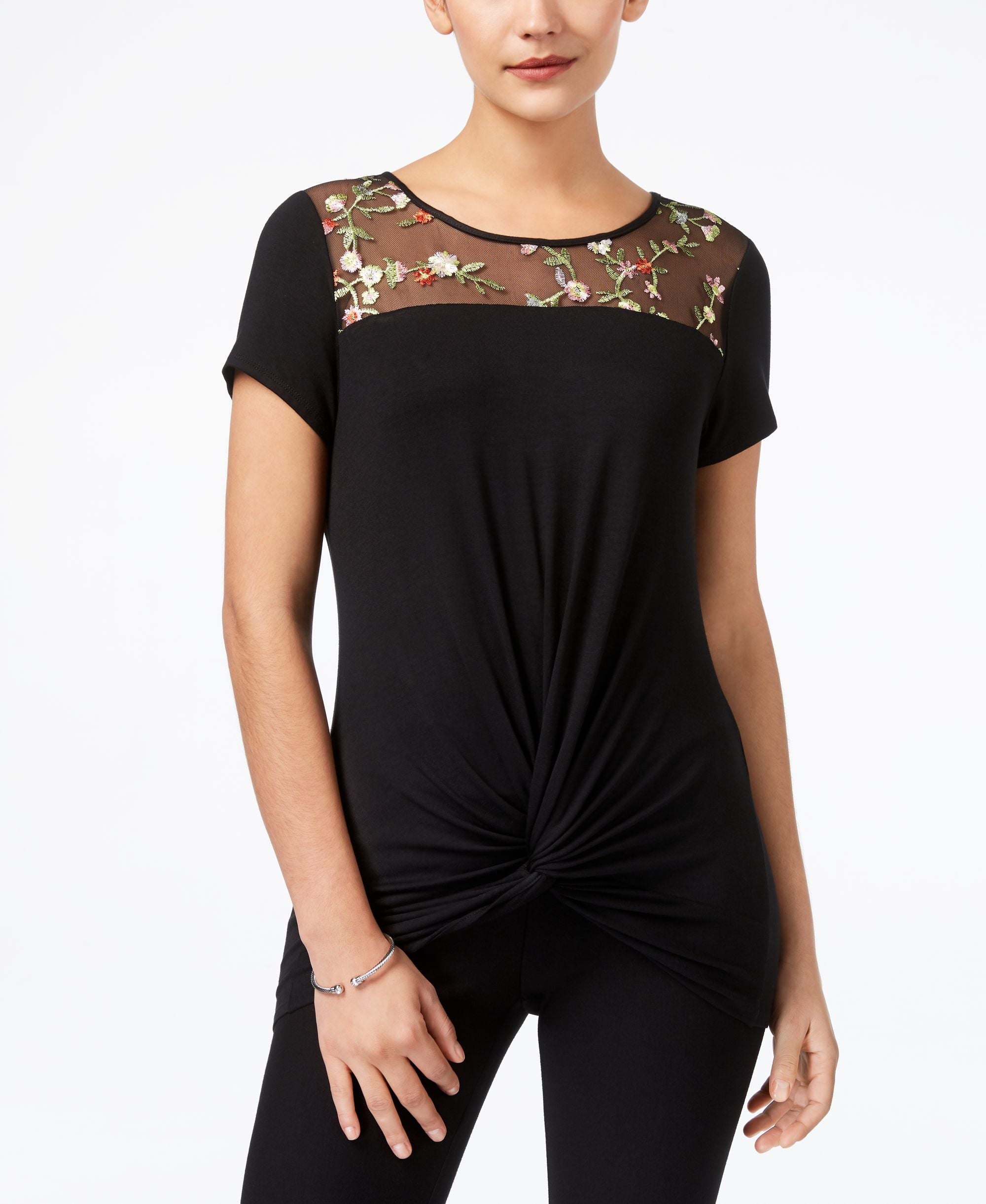 NY Collection Twist Front Illusion Contrast Premium Top