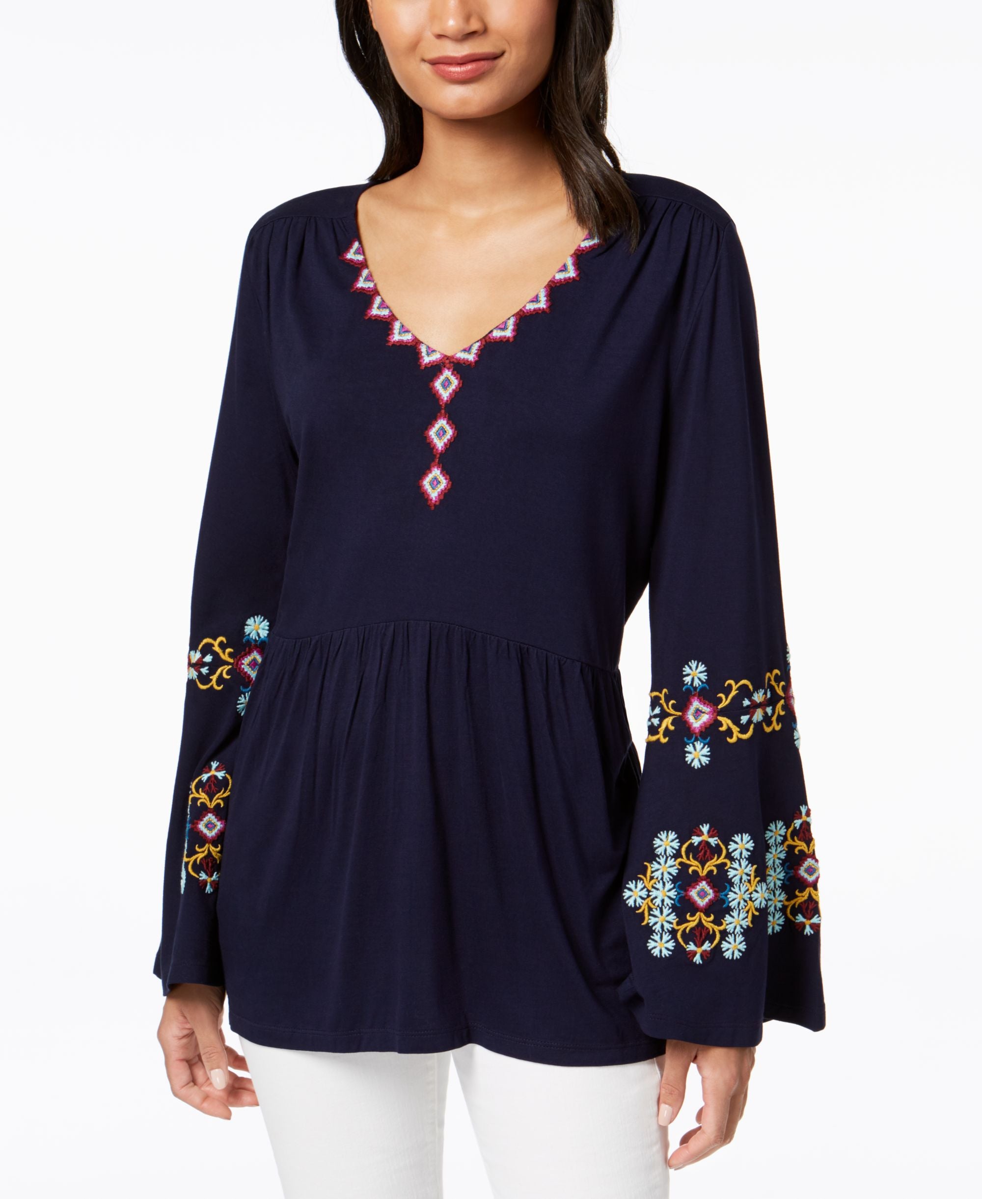 NY Collection Embroidered Flare Sleeved High Low Premium Top