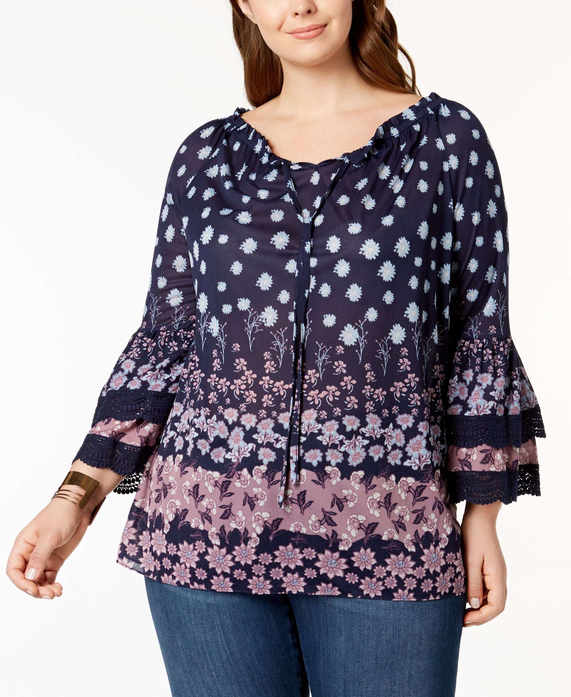 Style & Co Plus Size Mixed Print Ruffled Sleeve Swing Off The Shoulder Premium Top