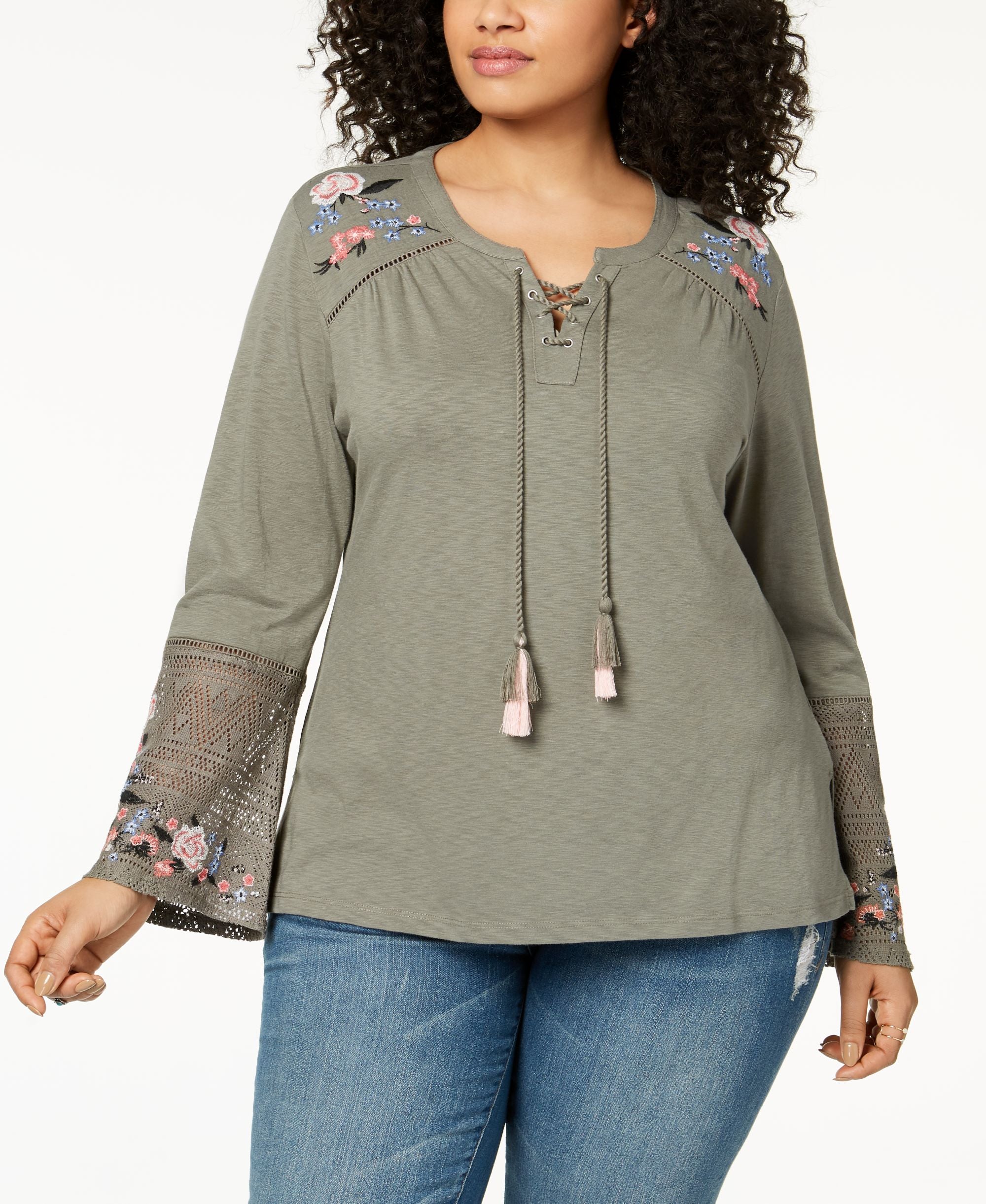 Style & Co Plus Size Embroidered Lantern Sleeve Peasant Premium Top