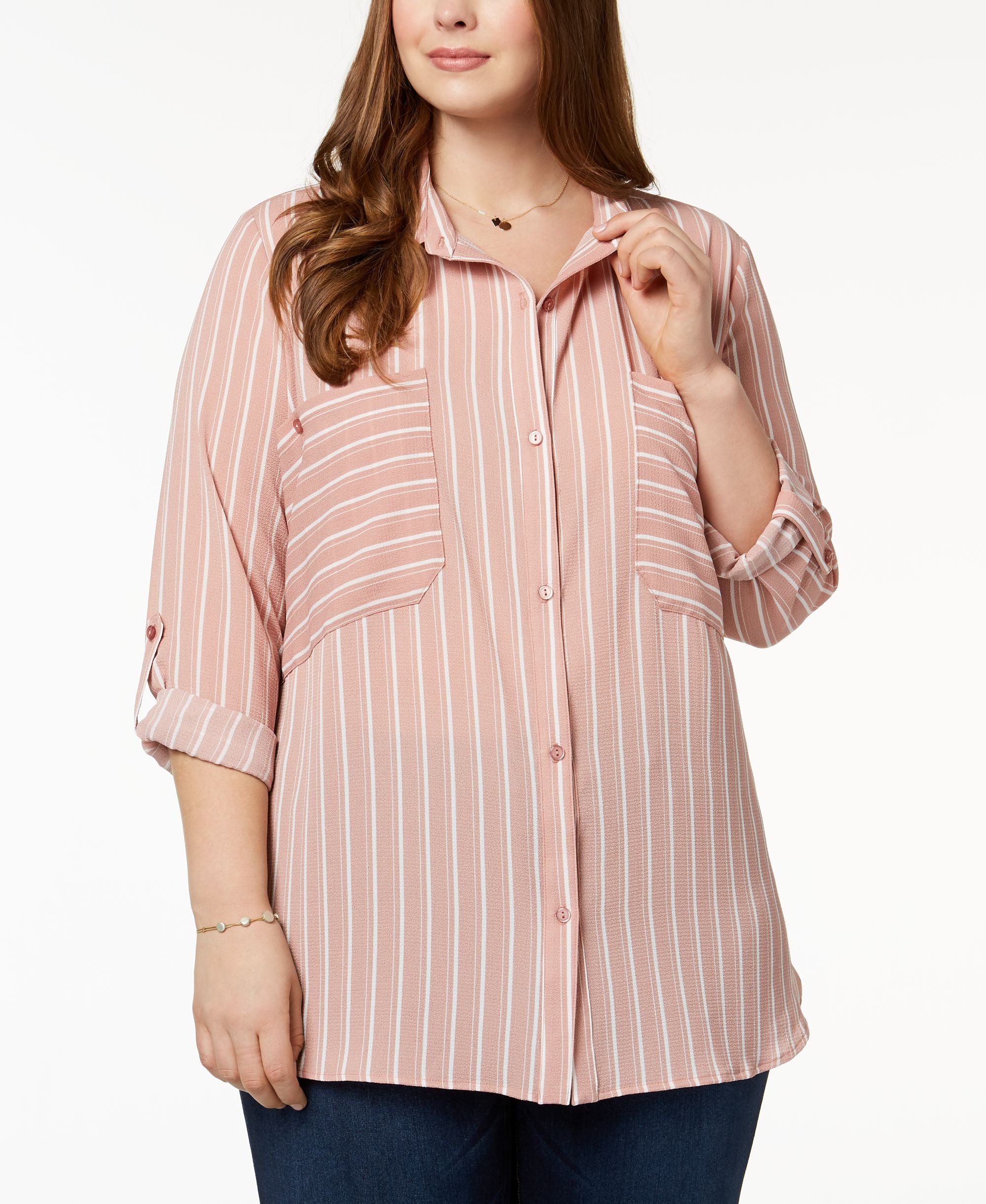 NY Collection Plus Size Oversized Pocket Utility Modern Shirt