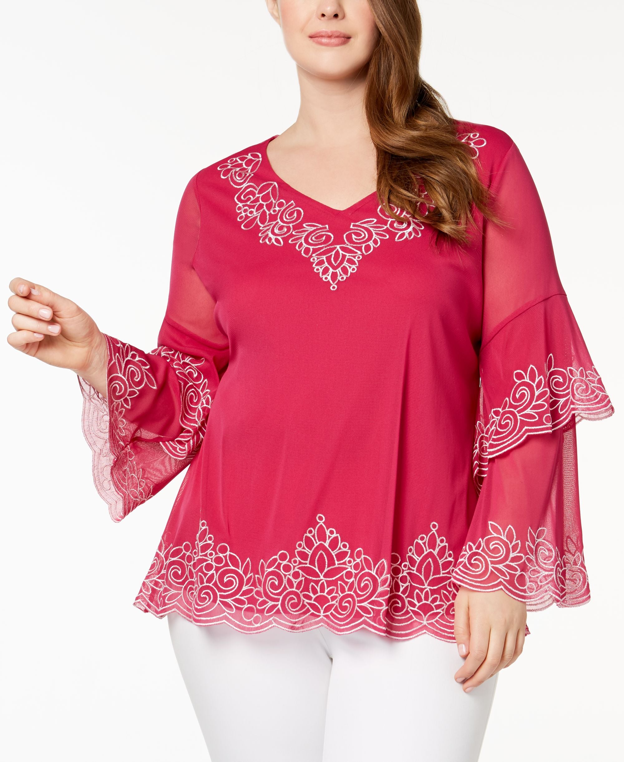 Plus Size Embroidered Spiral-Sleeve Premium Top