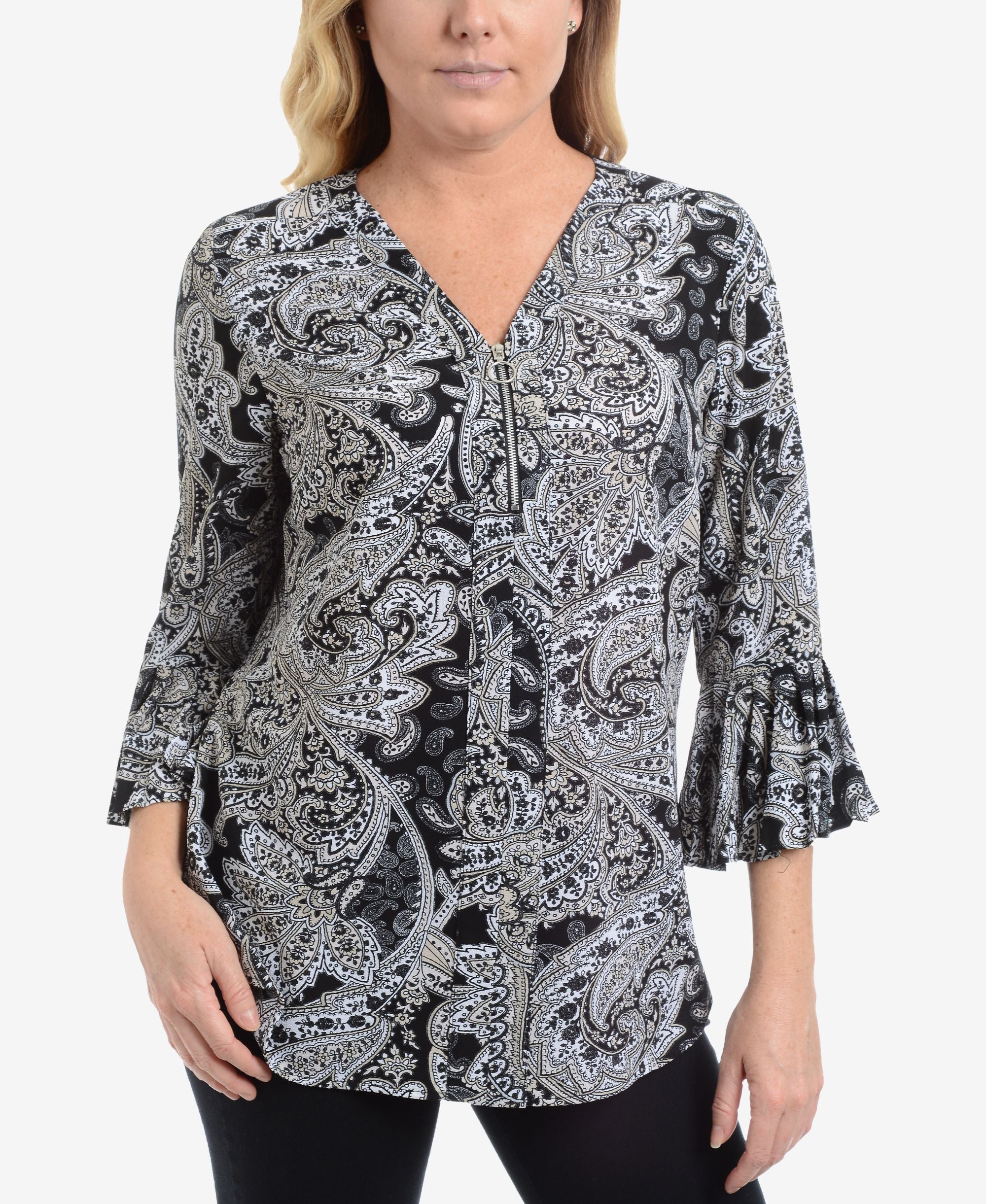 NY Collection Striped V Neck Quarter Zip Signature Blouse