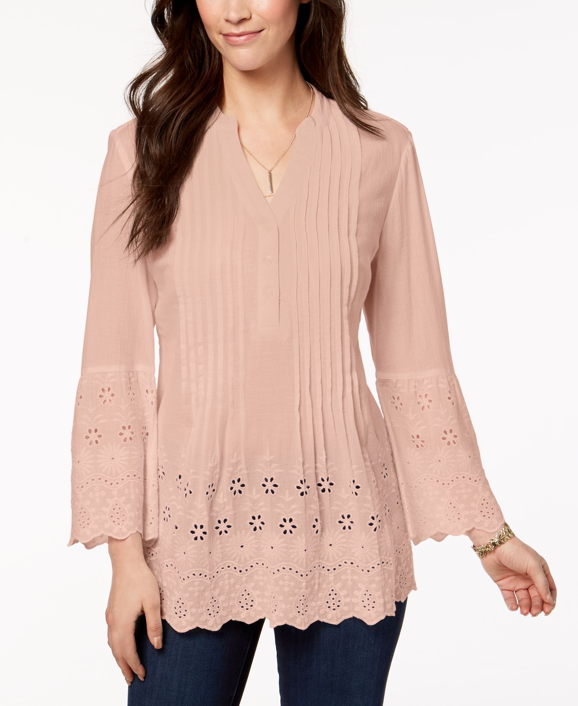 Style & Co Petite Cotton Eyelet Split Neck Premium Top