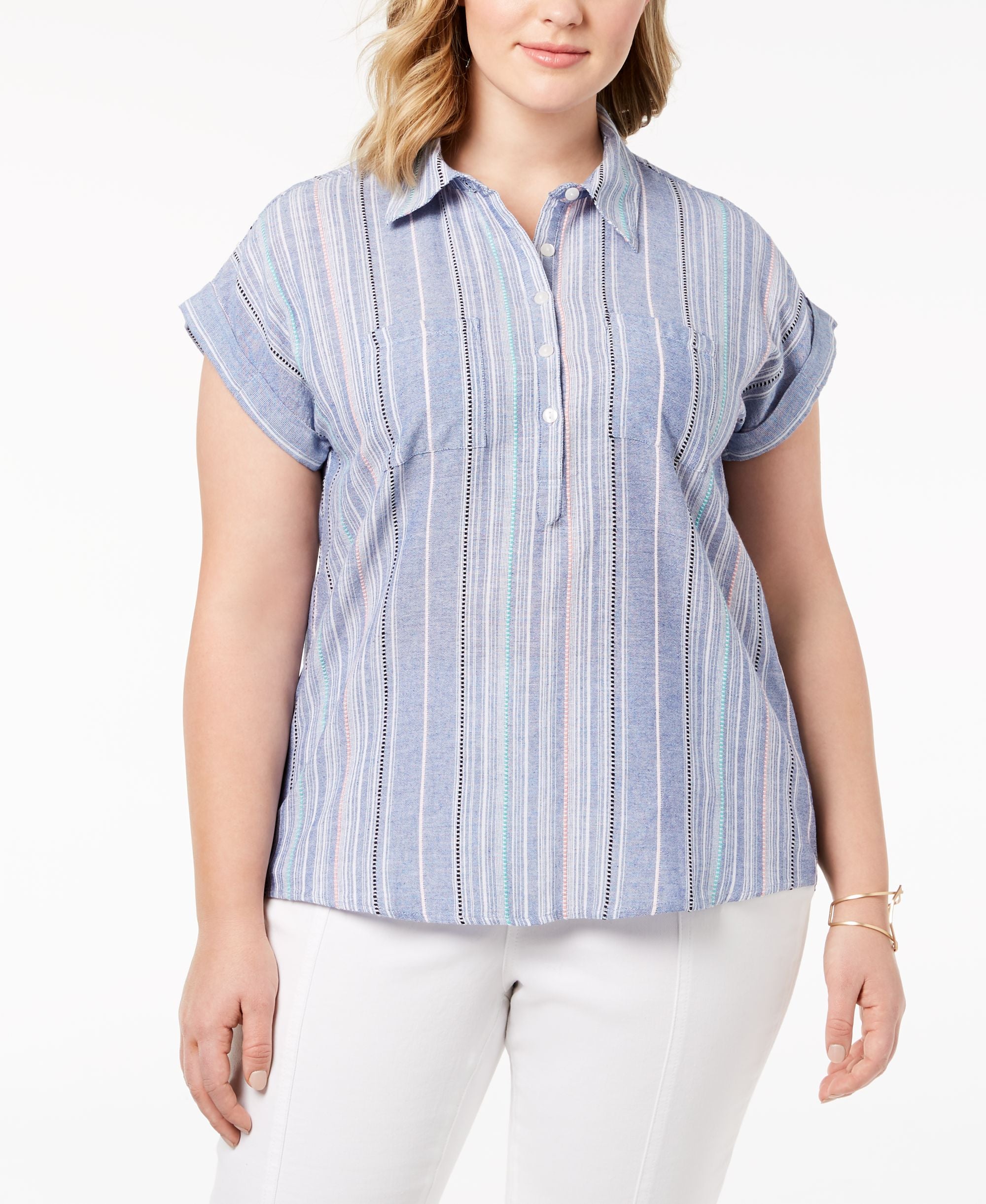 Style & Co Plus Size Cotton Marcella Striped Premium Top Modern Shirt