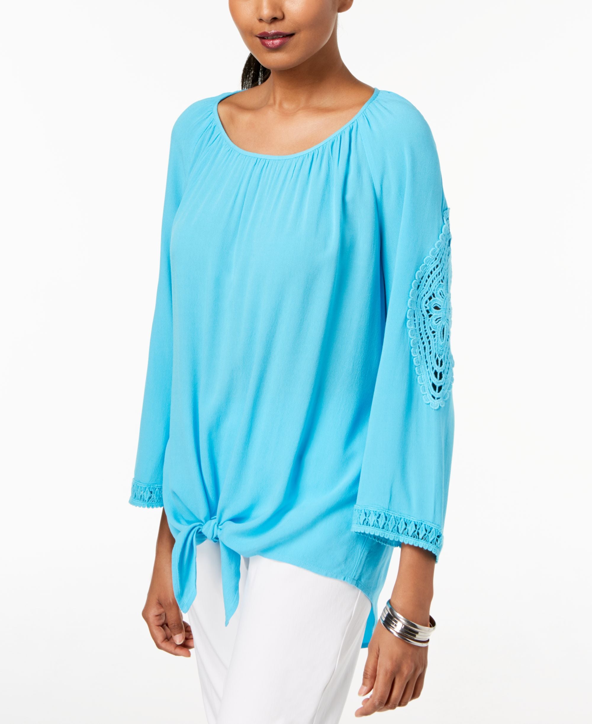 JM Collection Petite Crochet Trim Tie Front Premium Top