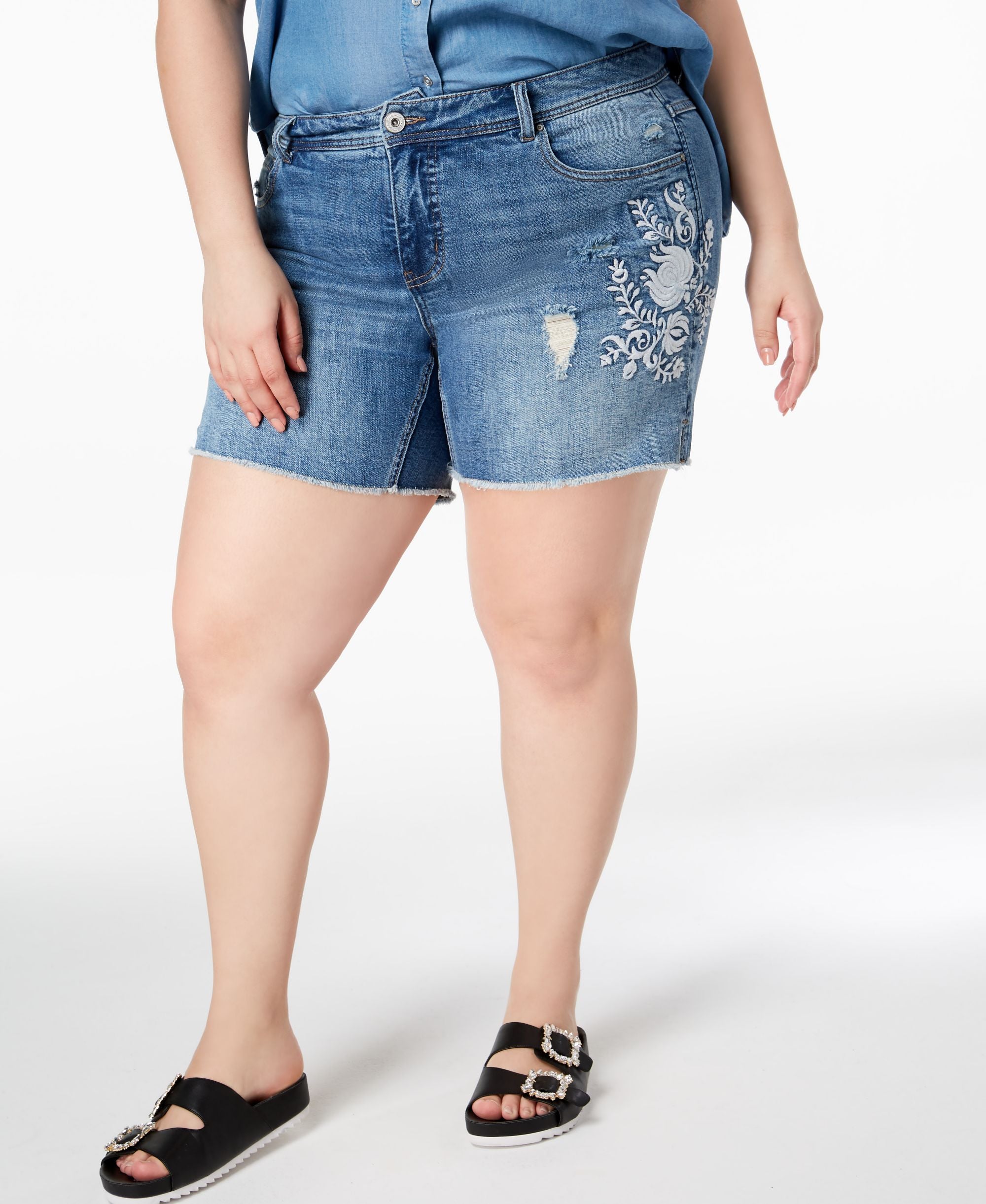Plus Size Embroidered Tummy Control Denim Premium Shorts