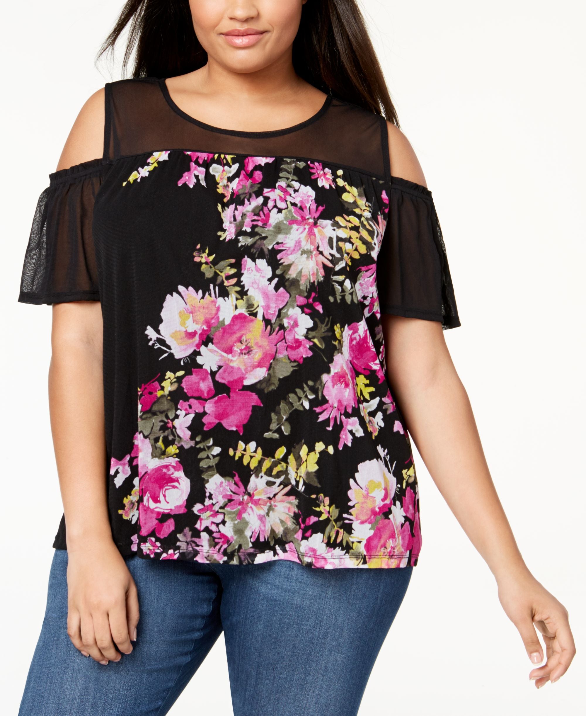 Plus Size Cold Shoulder Mesh Premium Top