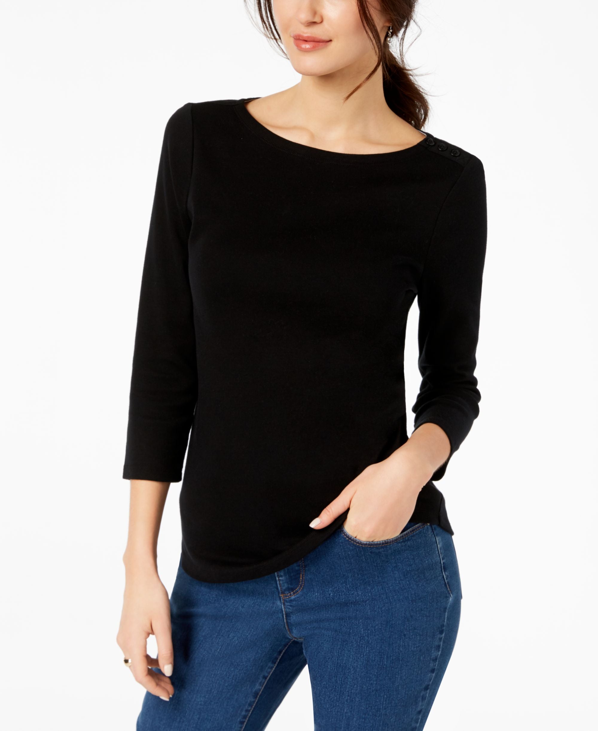 Charter Club Petite Pima Cotton Button Shoulder Premium Top