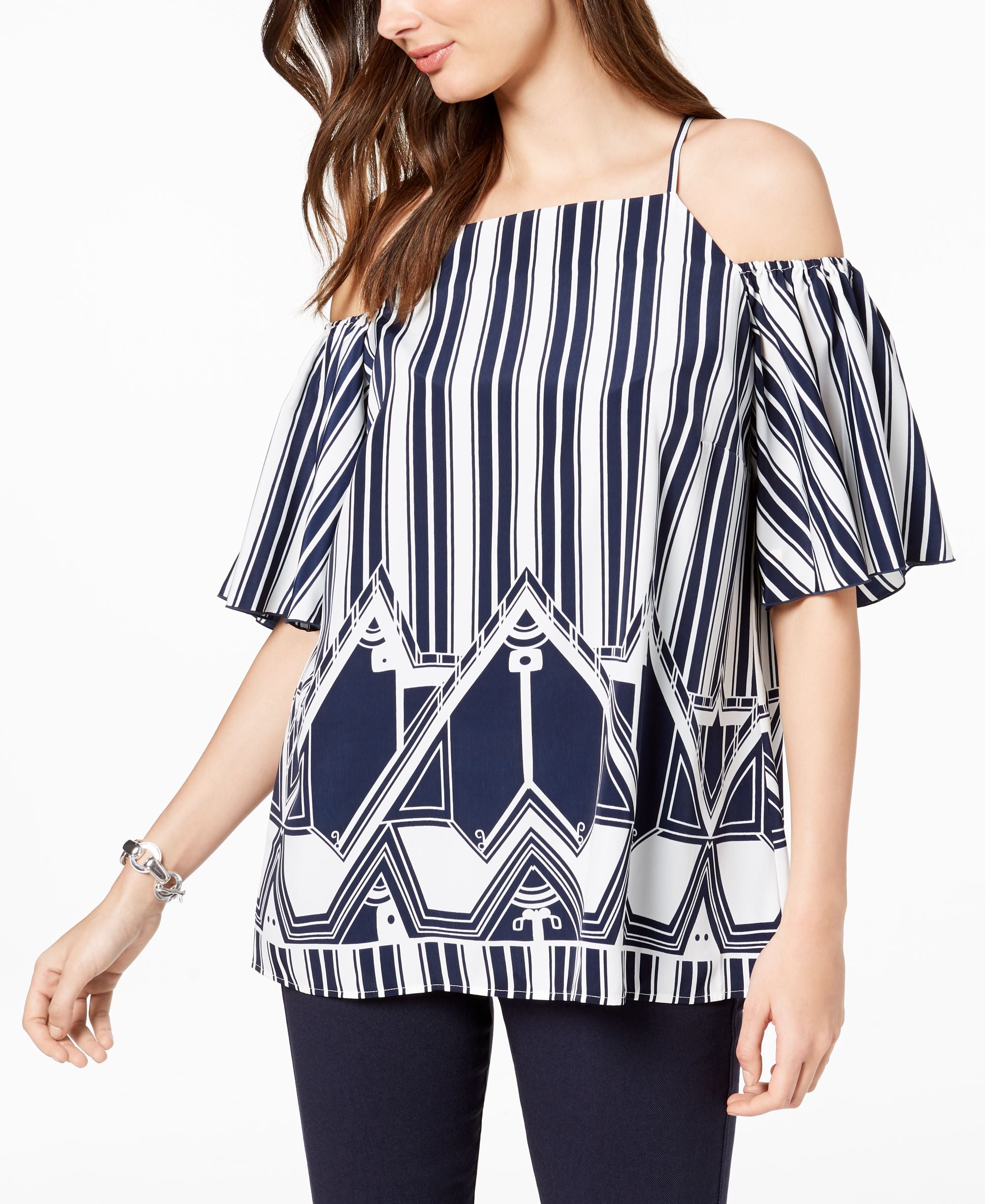 Alfani Petite Mixed Print Cold Shoulder Premium Top