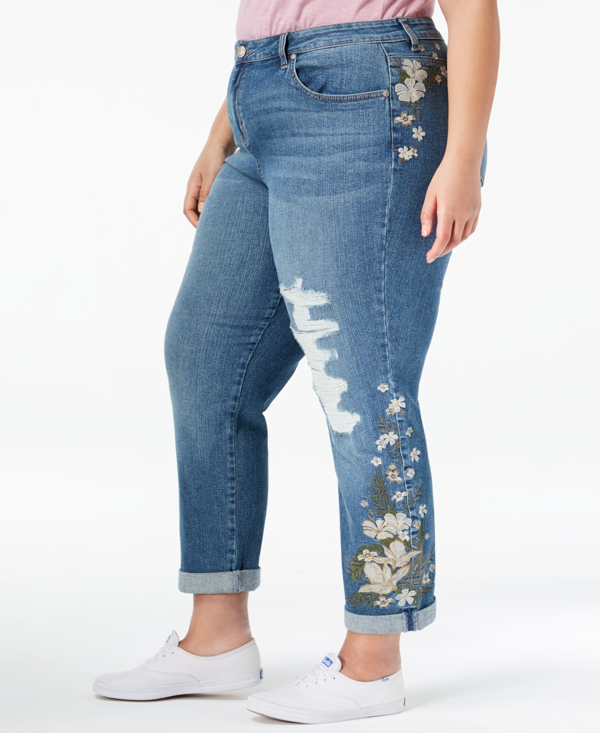 Plus Size Embroidered Distressed Boyfriend Ankle Premium Jeans