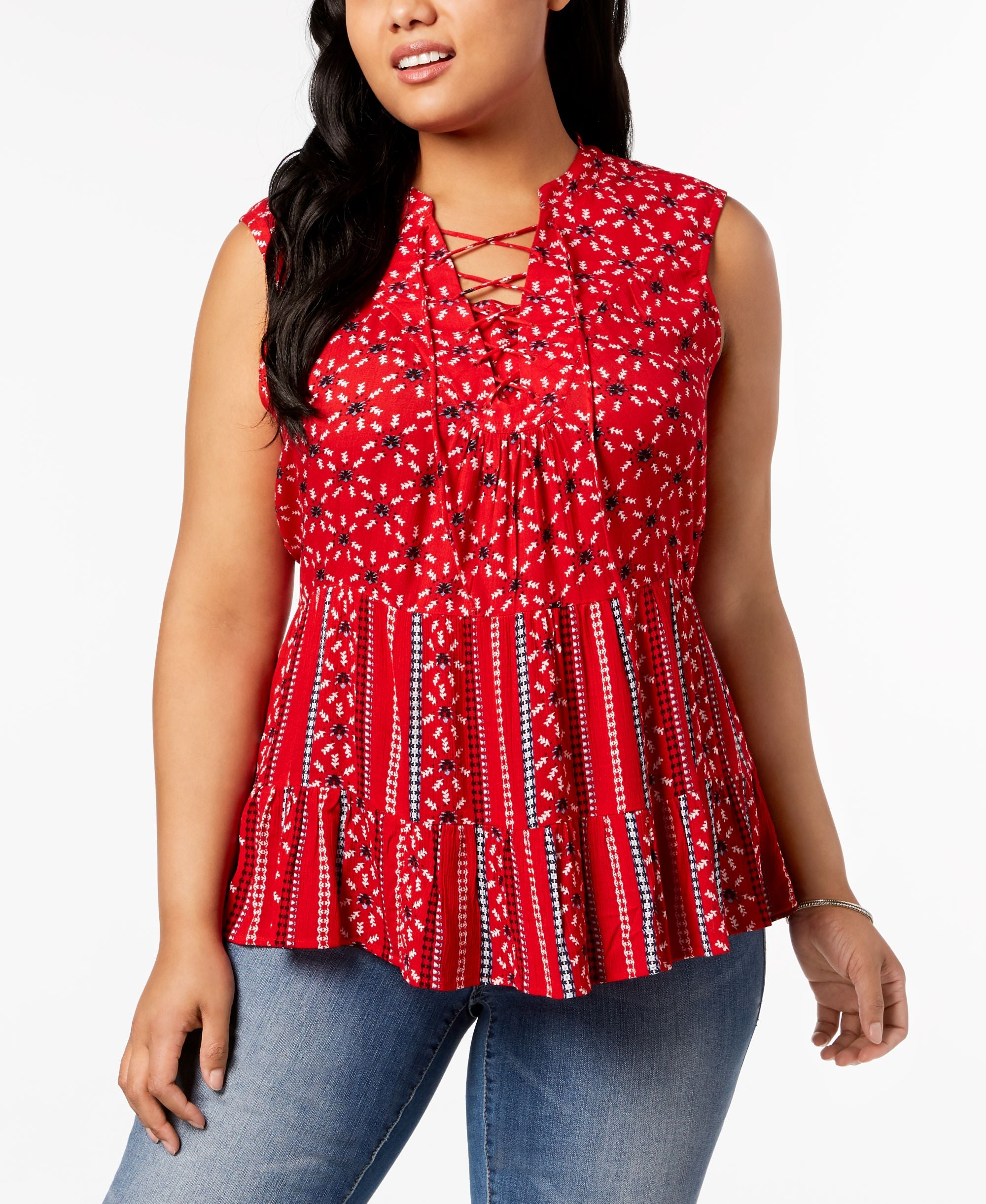 Style & Co Plus Size Printed Lace Up Sleeveless Peasant Premium Top