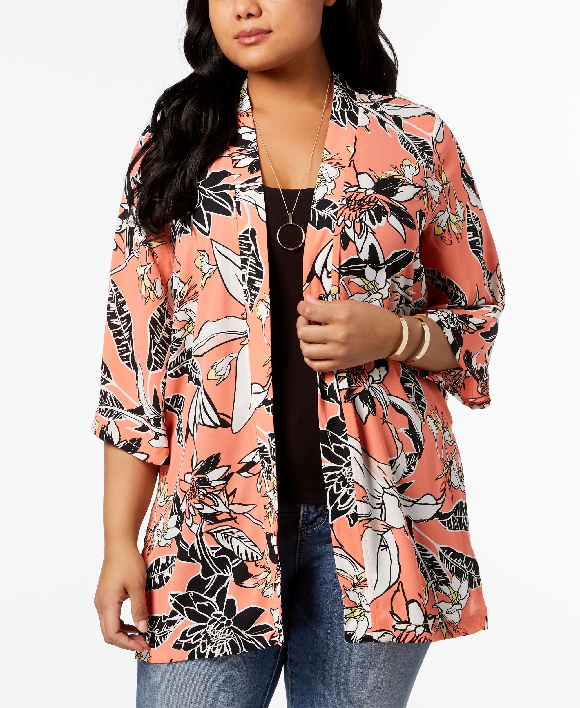 NY Collection Plus Size Printed Kimono Jacket