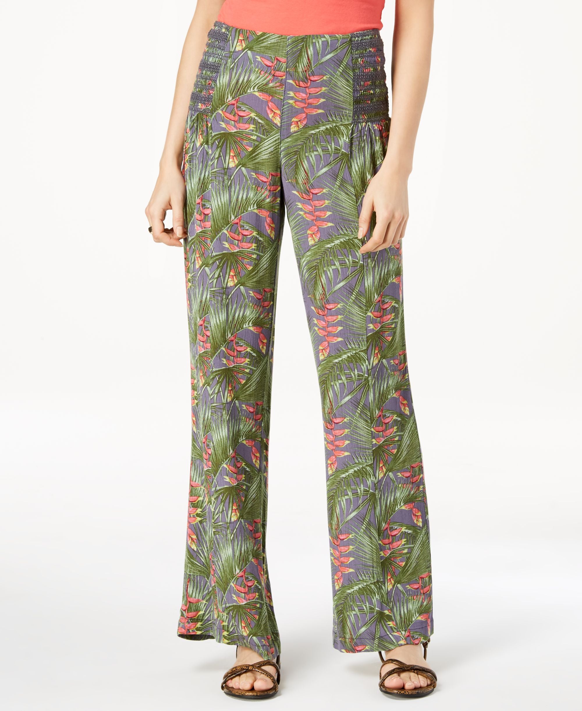 Juniors' Printed Smocked-Waist Signature Pants