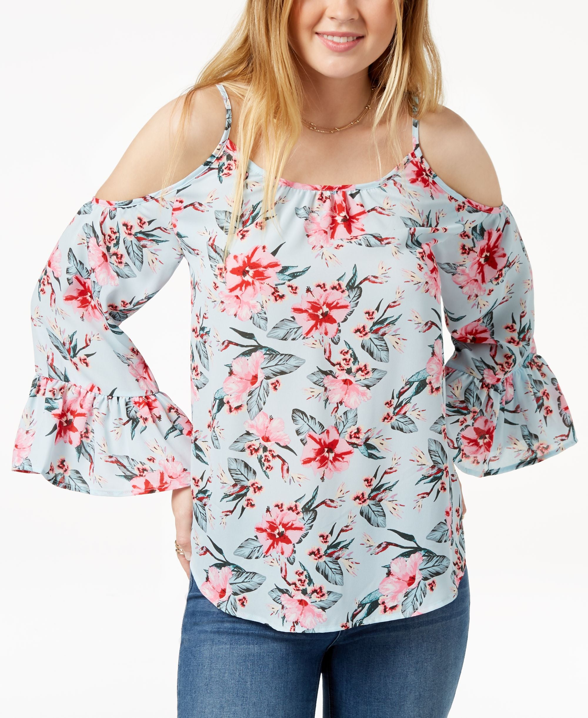 Juniors' Printed Bell-Sleeved Cold-Shoulder Signature Blouse