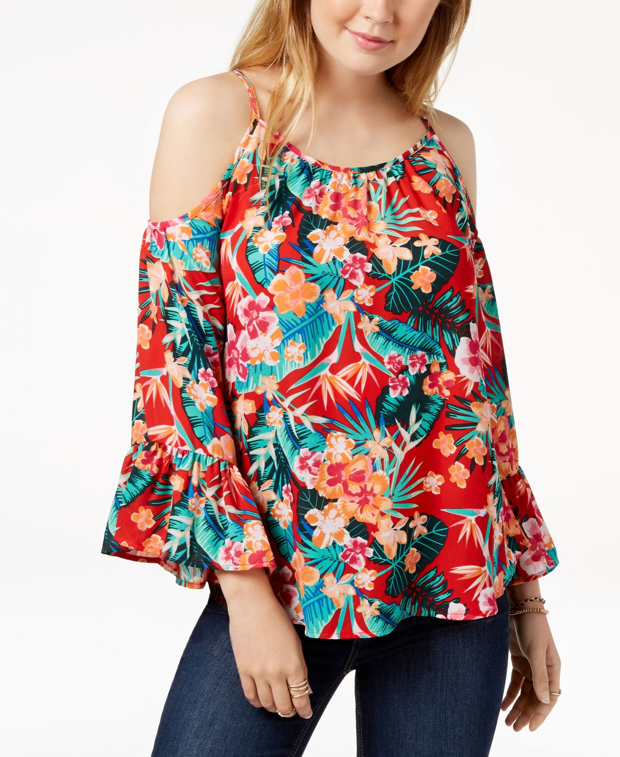 Juniors' Printed Bell-Sleeved Cold-Shoulder Signature Blouse