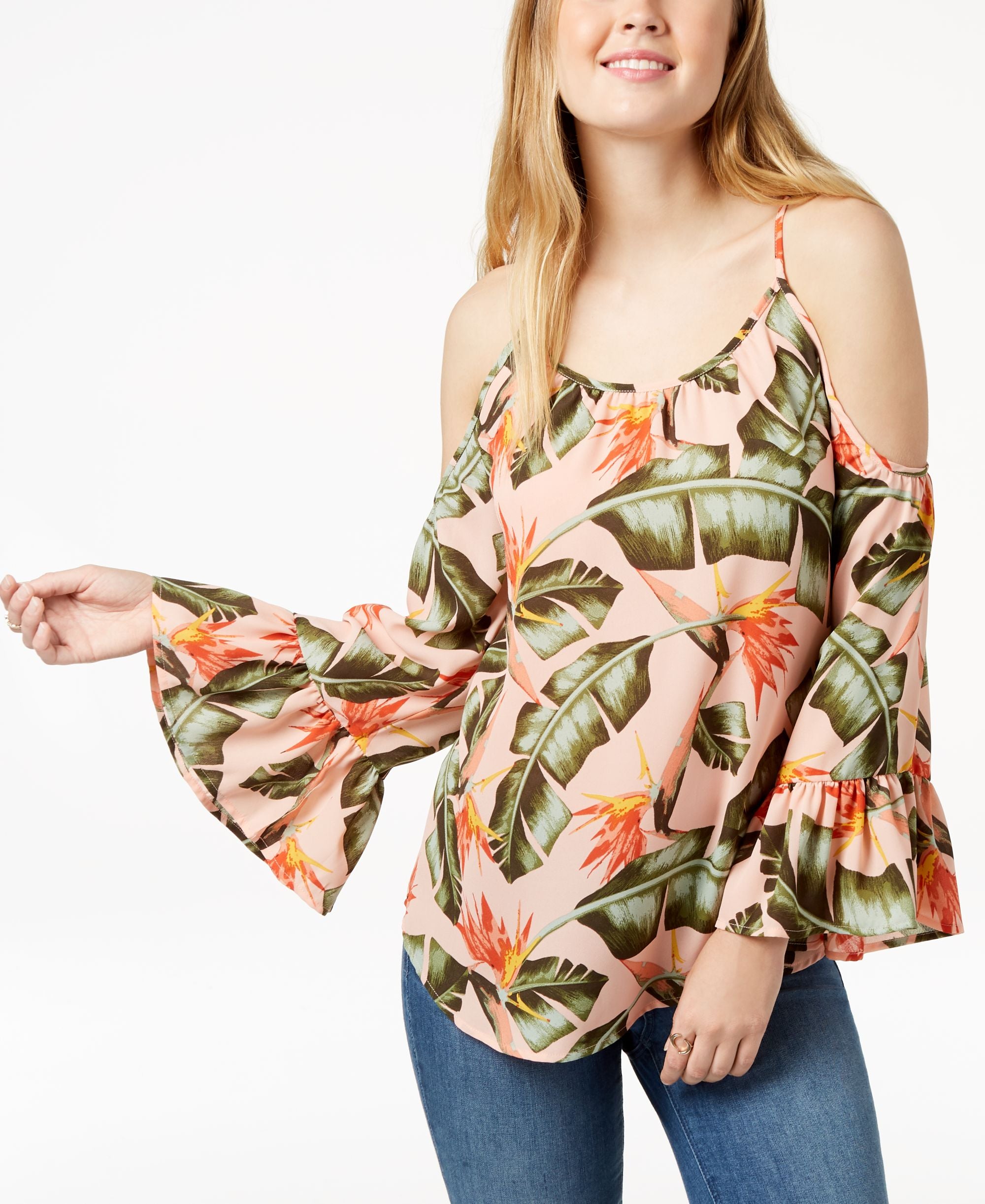 Juniors' Printed Bell-Sleeved Cold-Shoulder Signature Blouse