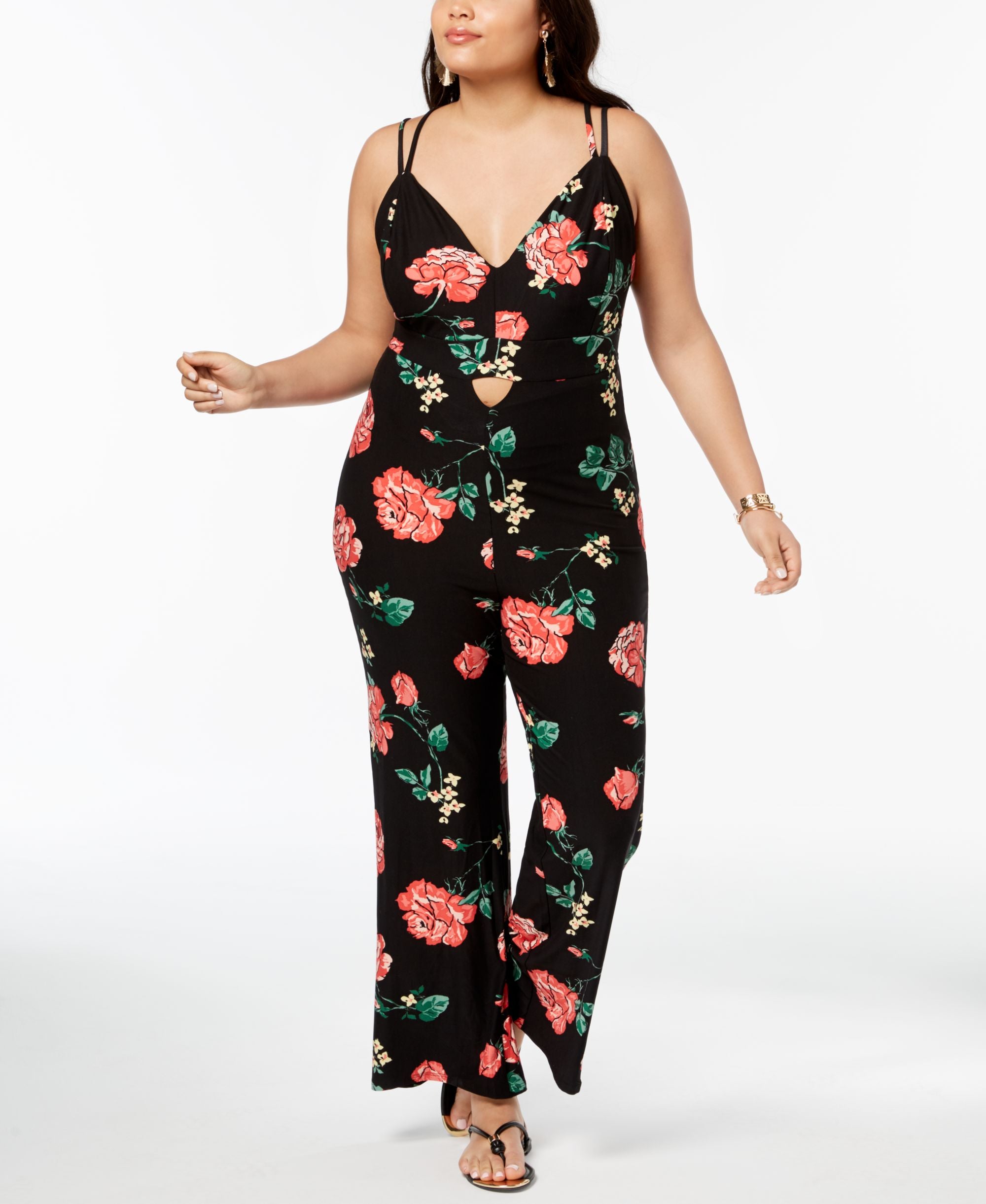 Planet Gold Modern Plus Size Printed Double Strap Cutout Jumpsuit