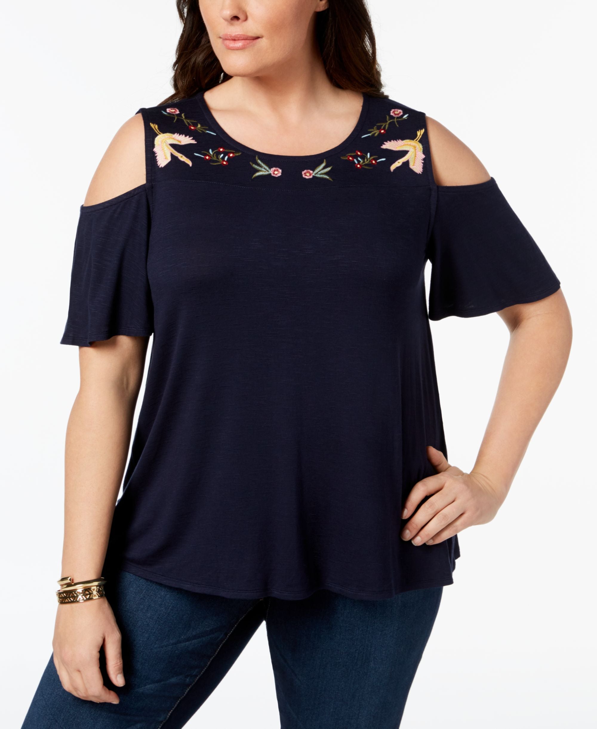 Style & Co Plus Size Embroidered Cold Shoulder Premium Top