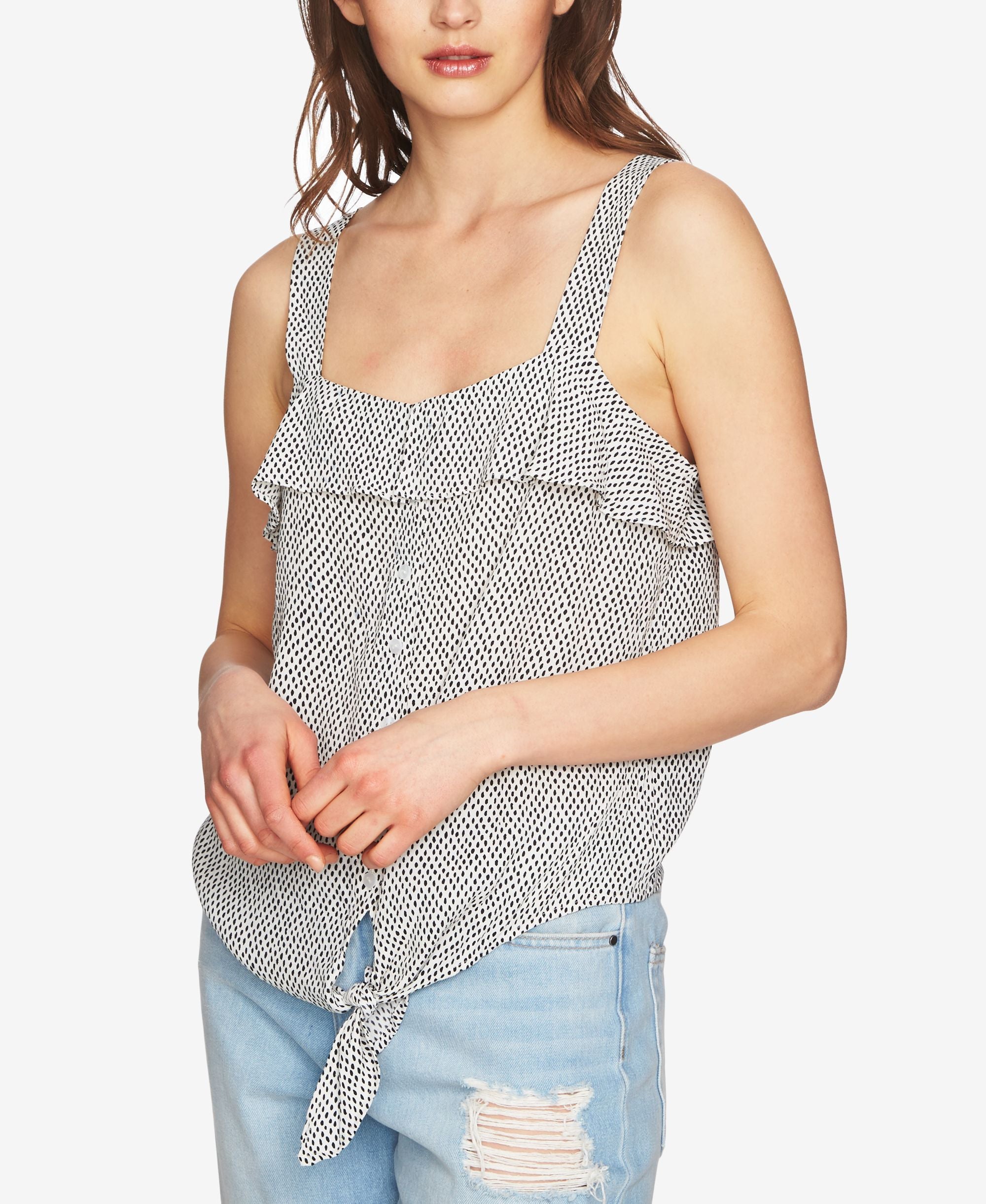 1.State Ruffled Sleeveless Tie Hem Premium Top