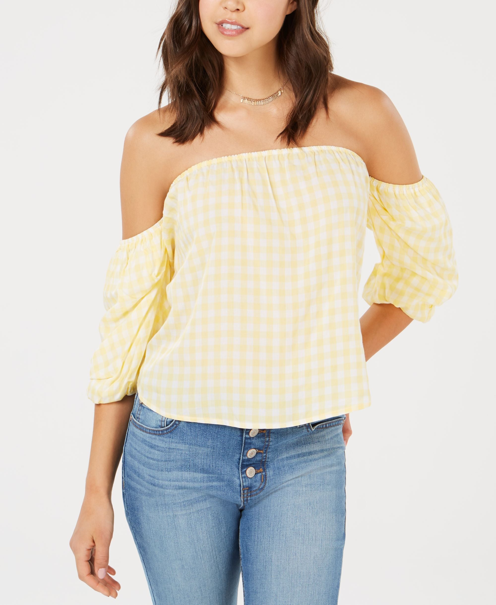 Hippie Rose Juniors Off The Shoulder Gingham Premium Top
