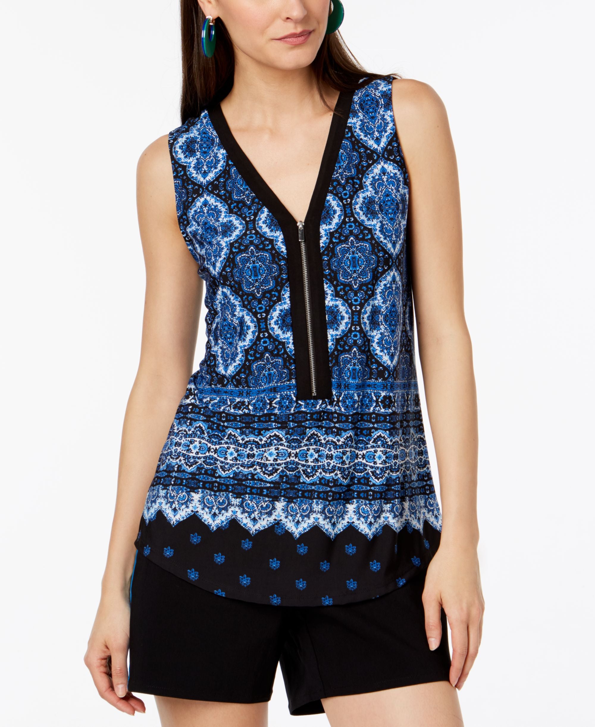 Petite Zip-Front Printed Tank Premium Top