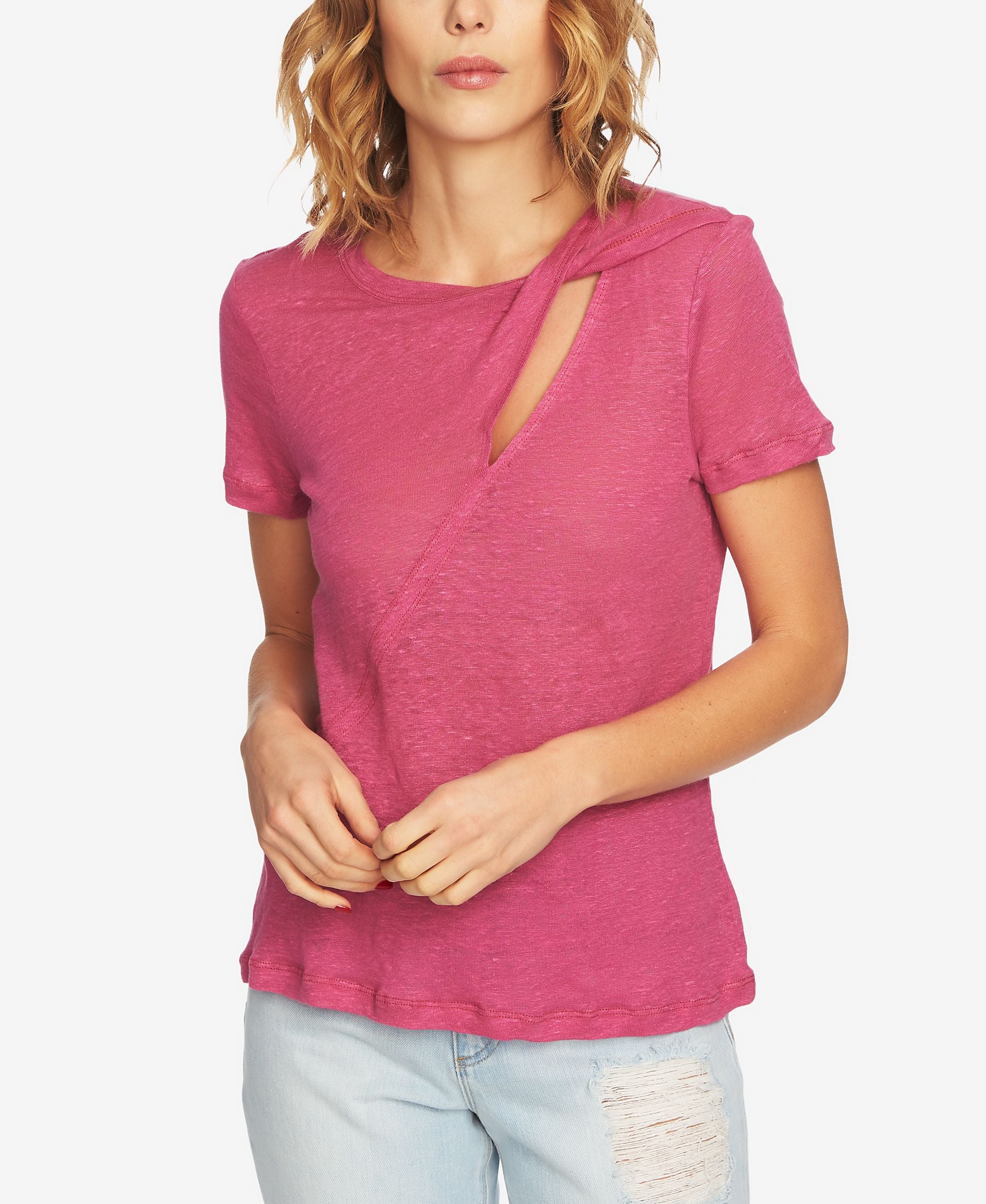 1.State Linen-Blend Cutout T-Modern Shirt