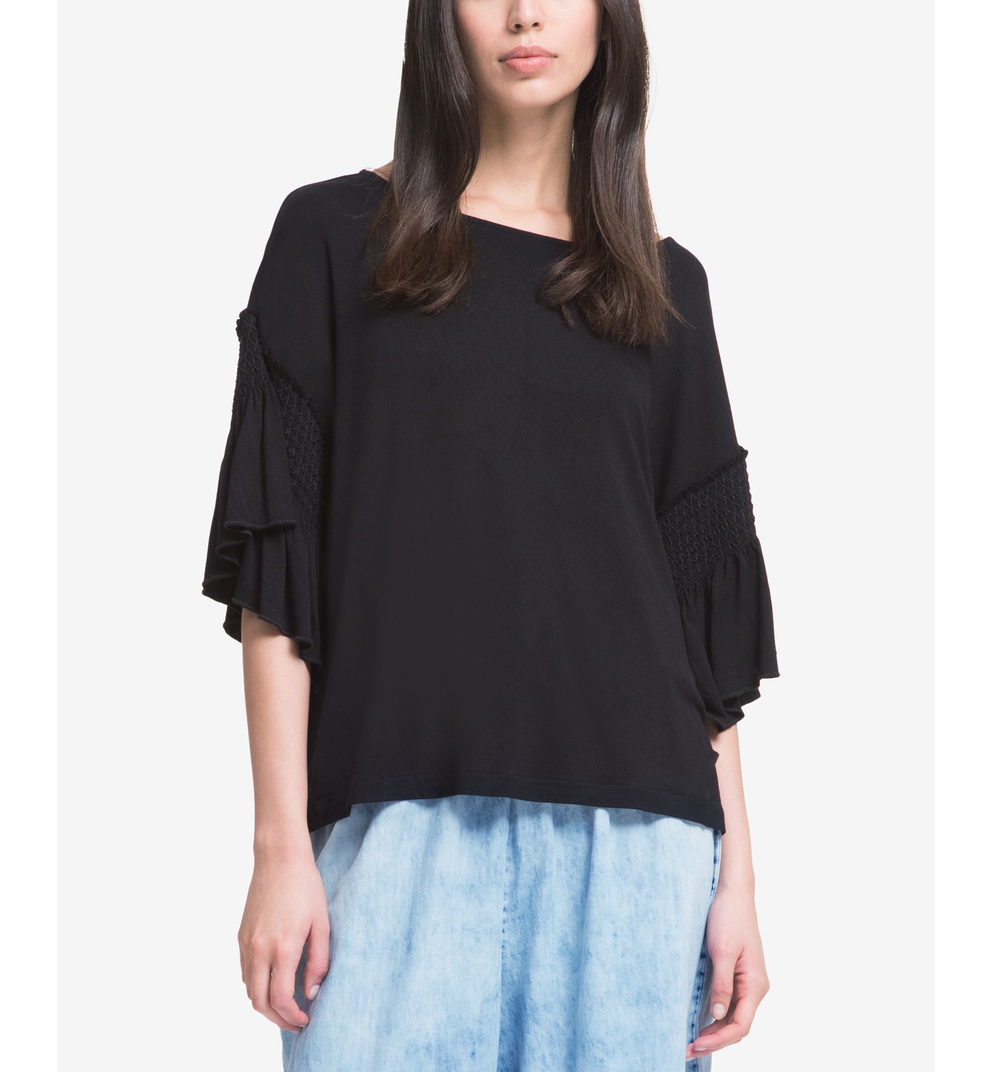 DKNY Ruffled 3/4 Sleeve T-Modern Shirt