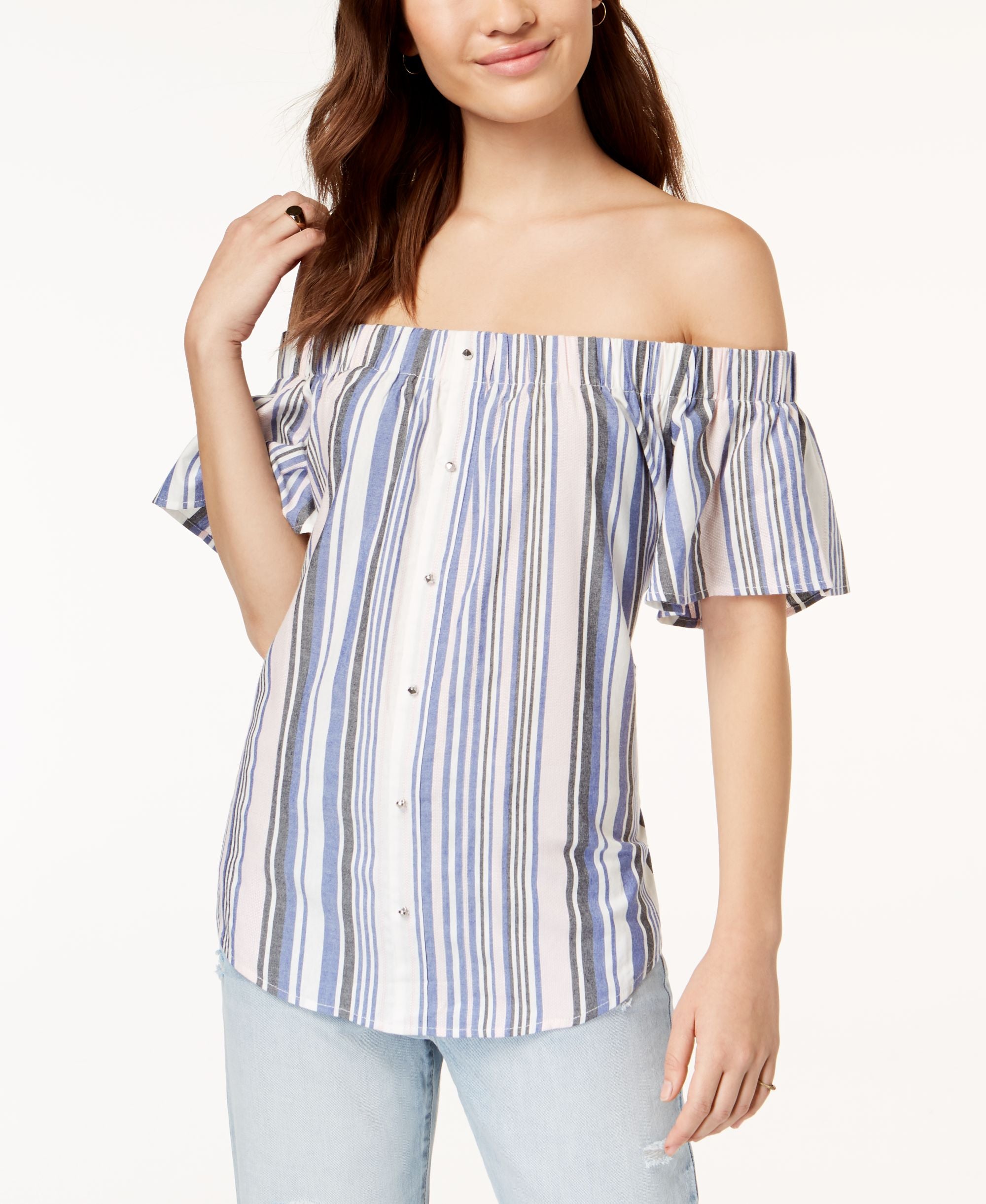 Juniors' Striped Off-The-Shoulder Premium Top