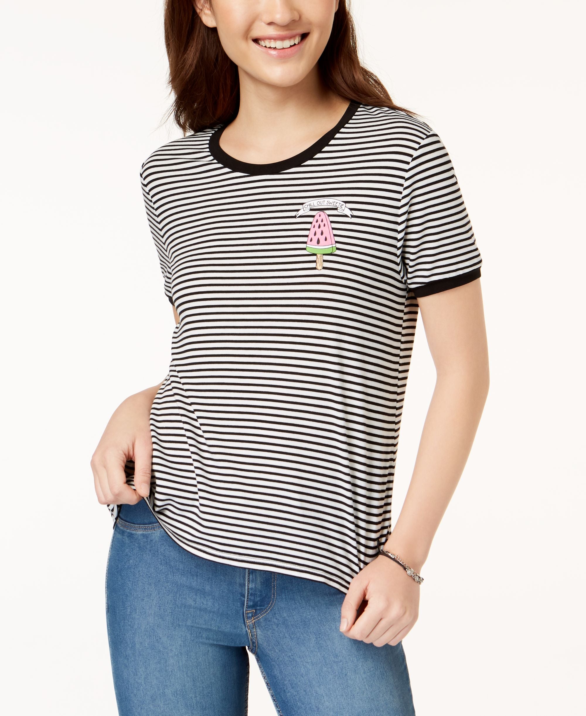 Rebellious One Juniors Chill Out Sweetie Striped Graphic T-Modern Shirt