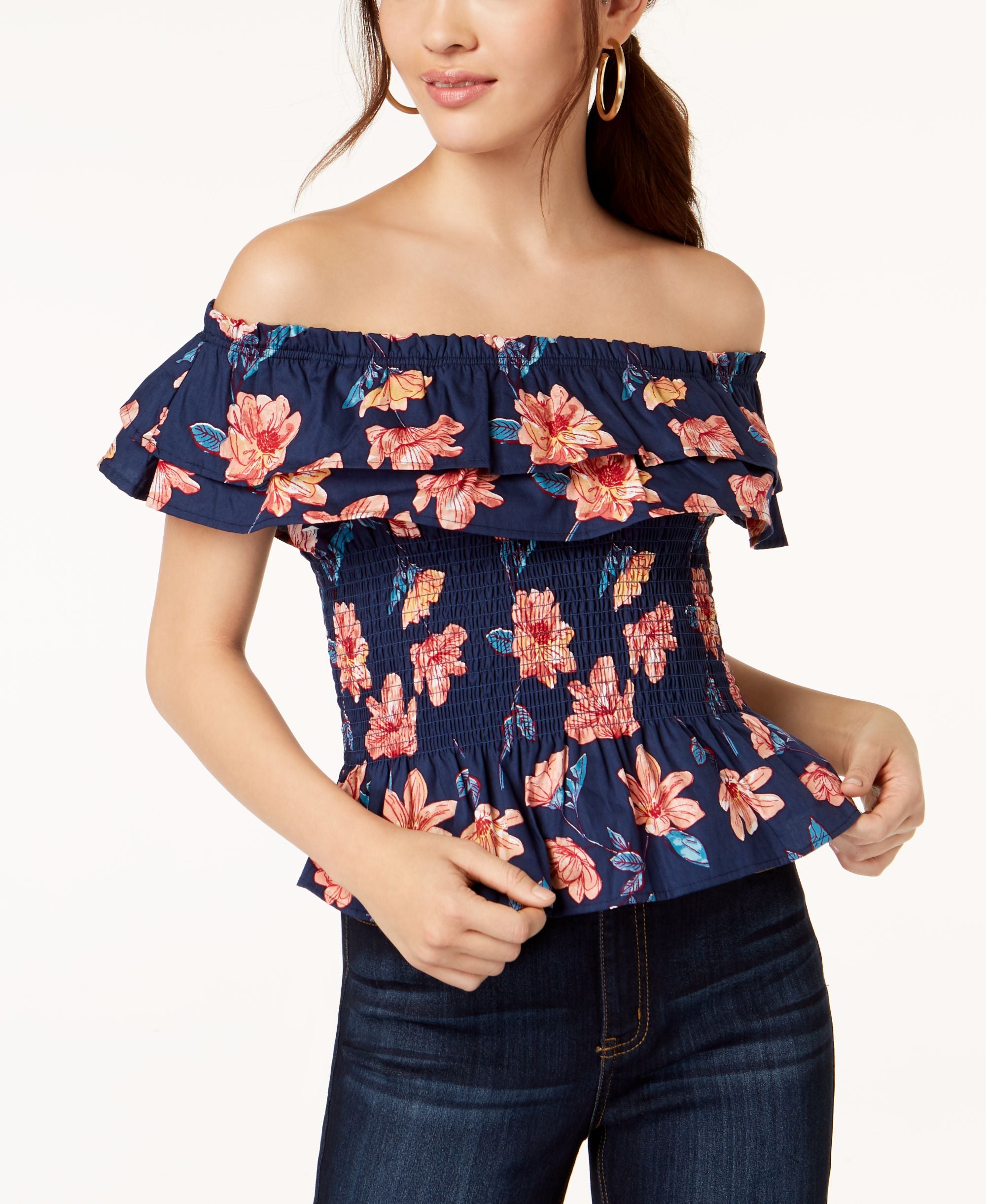 Juniors' Cotton Off-The-Shoulder Smocked Premium Top