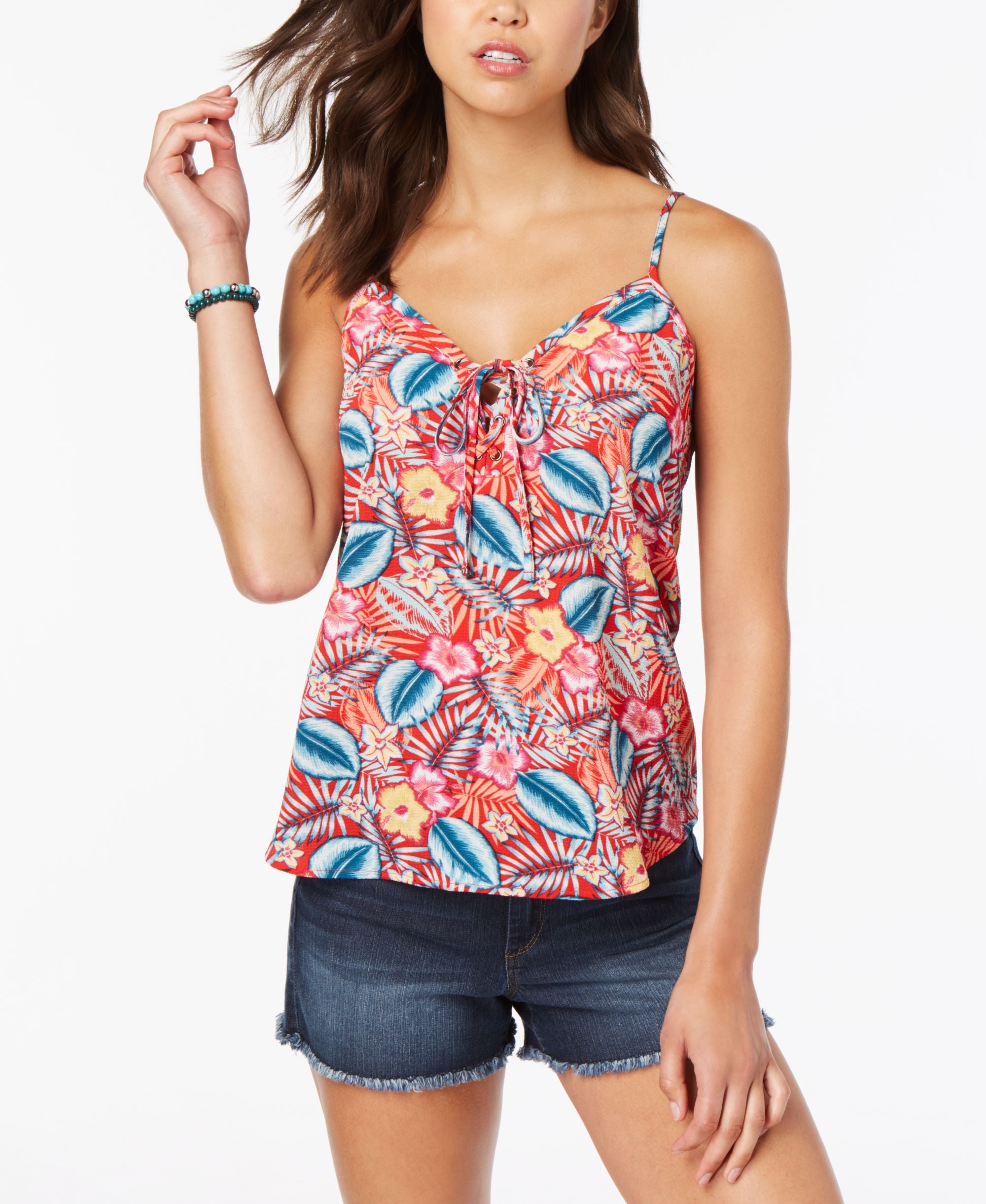 Juniors' Printed Lace-Up Tank Premium Top