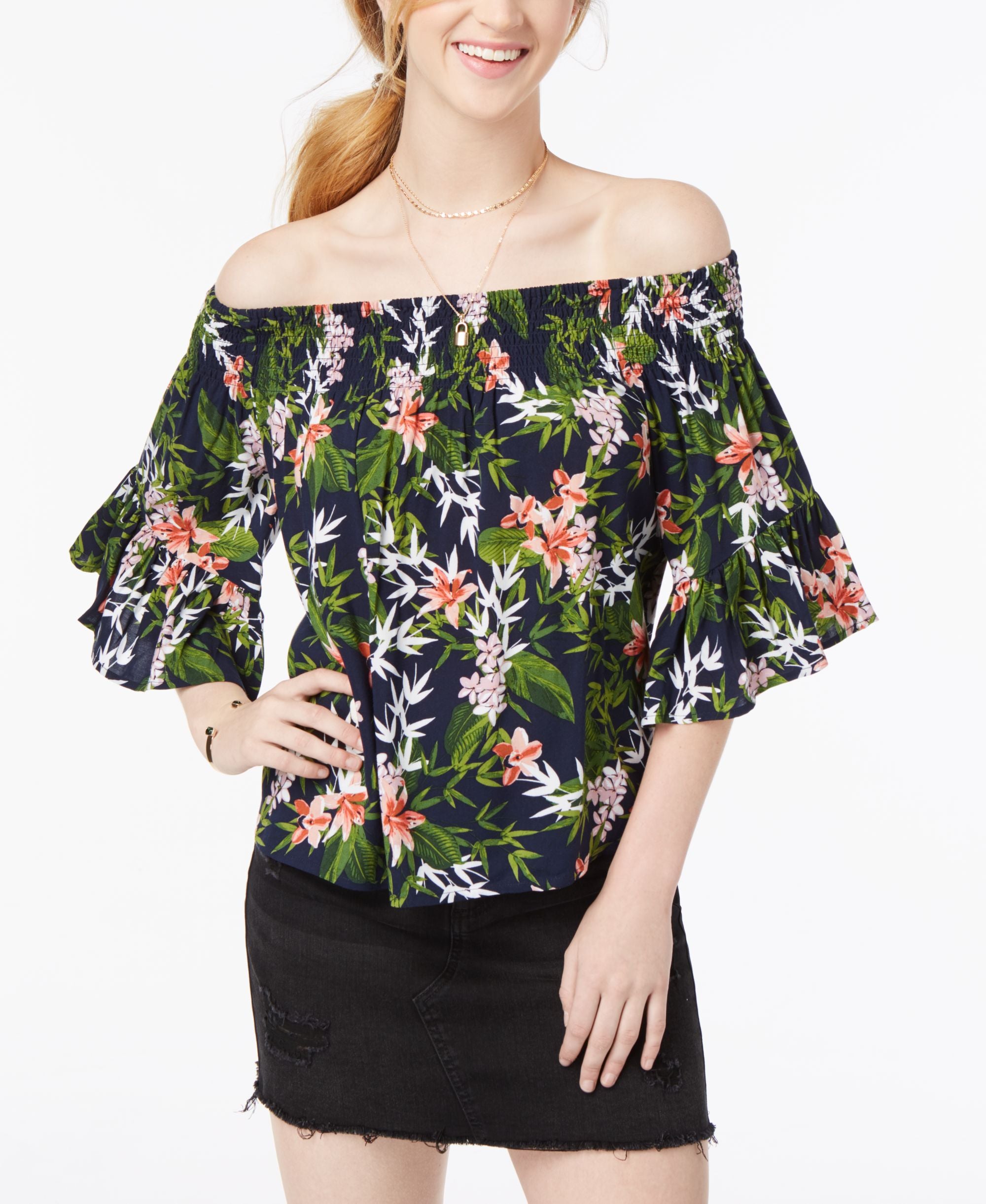 Juniors' Smocked Printed Off-The-Shoulder Premium Top