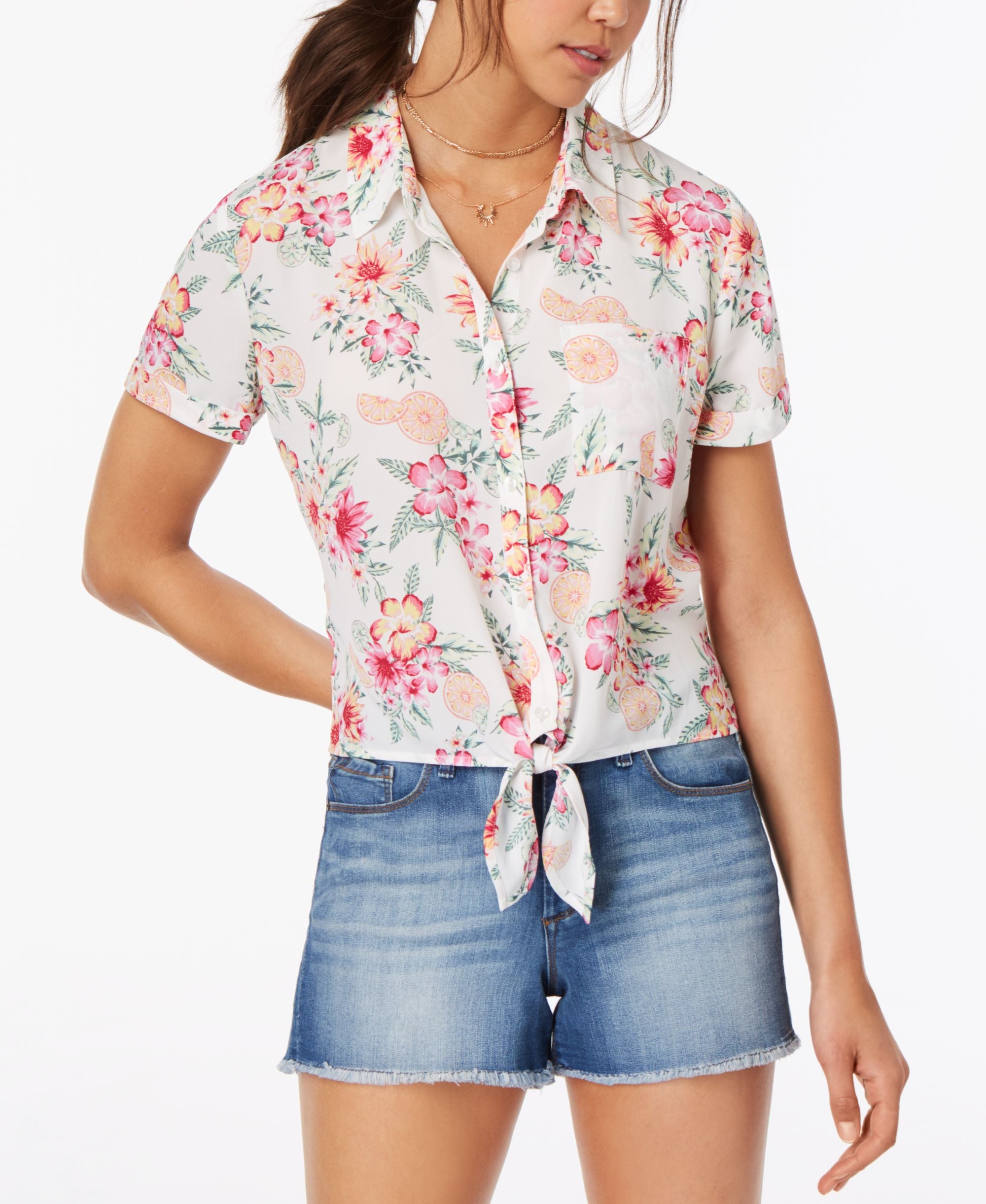 Hippie Rose Juniors Printed Tie Front Camp Modern Shirt