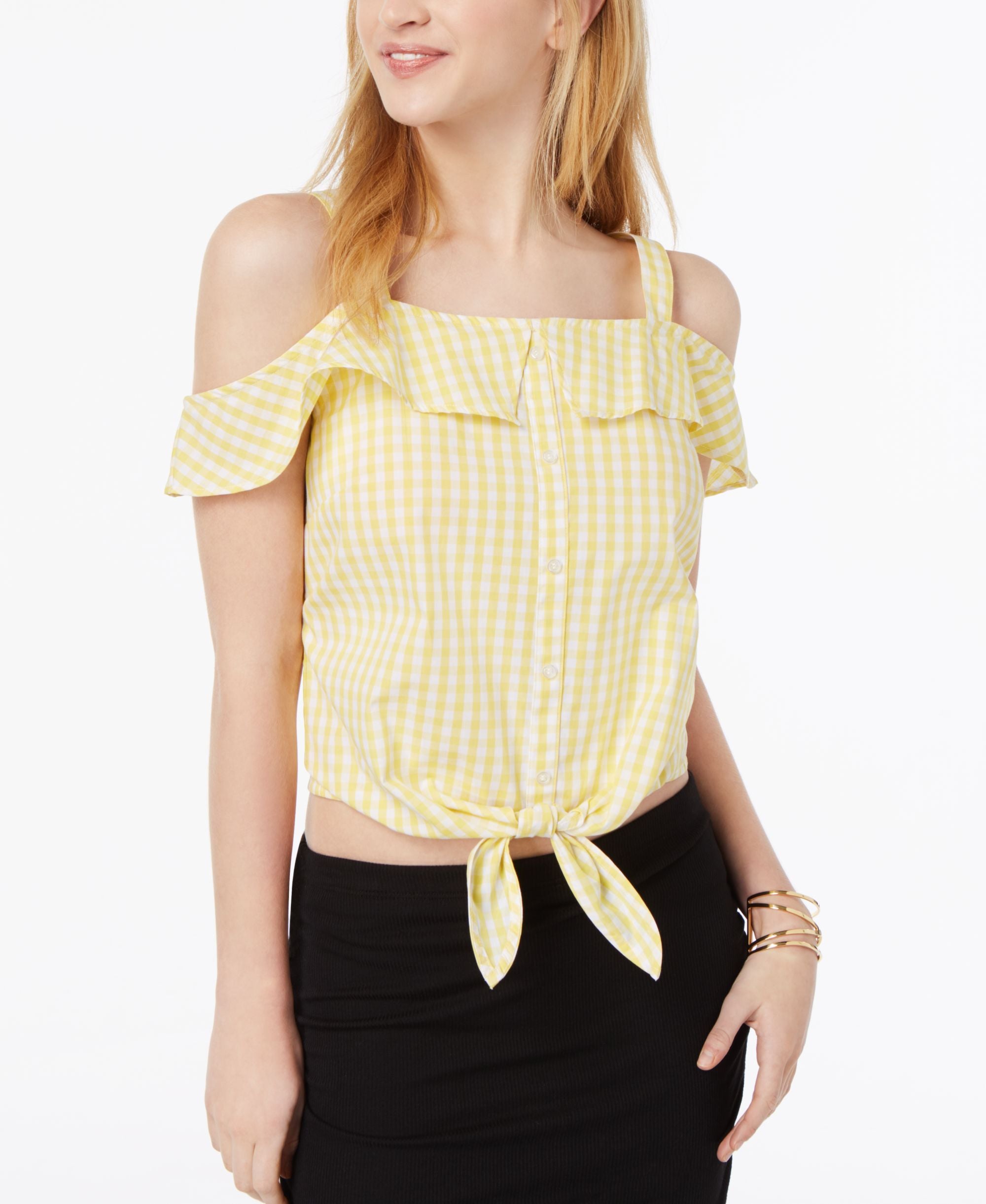by Ikeddi Juniors' Cotton Cold-Shoulder Gingham Premium Top