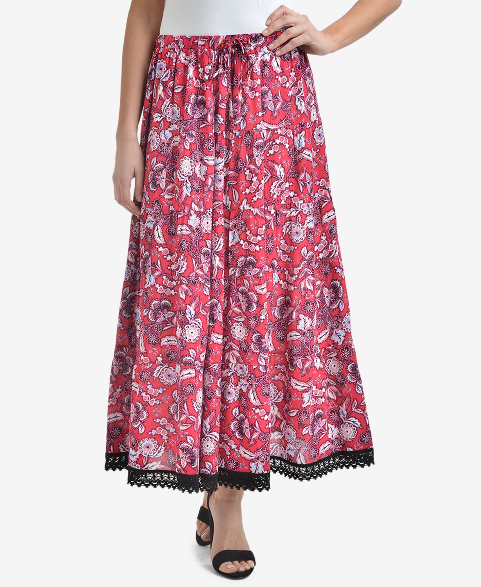 NY Collection Printed Tiered Flounce Crochet Trim Midi Modern Skirt
