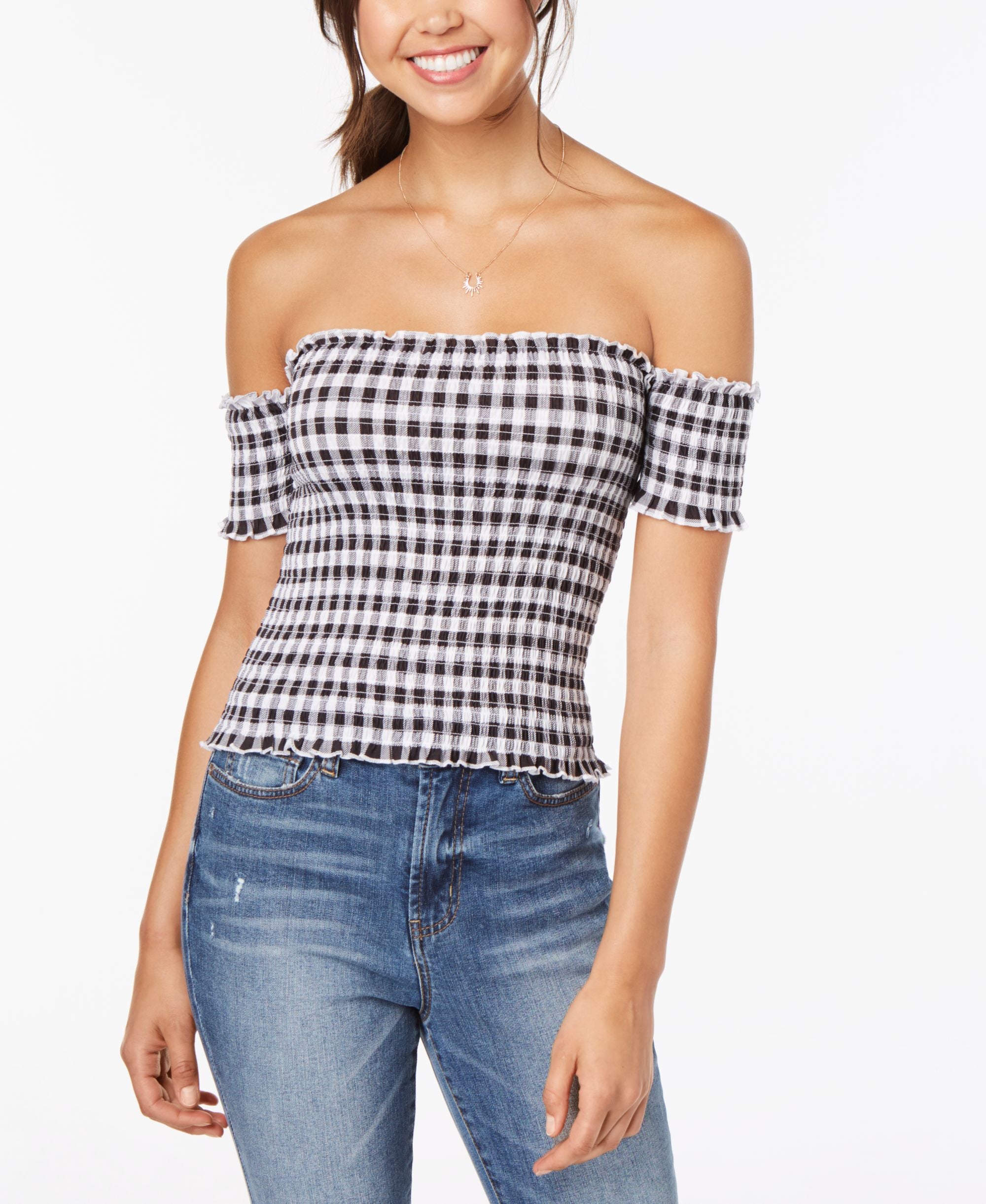 Juniors' Printed Smocked Off-The-Shoulder Crop Premium Top