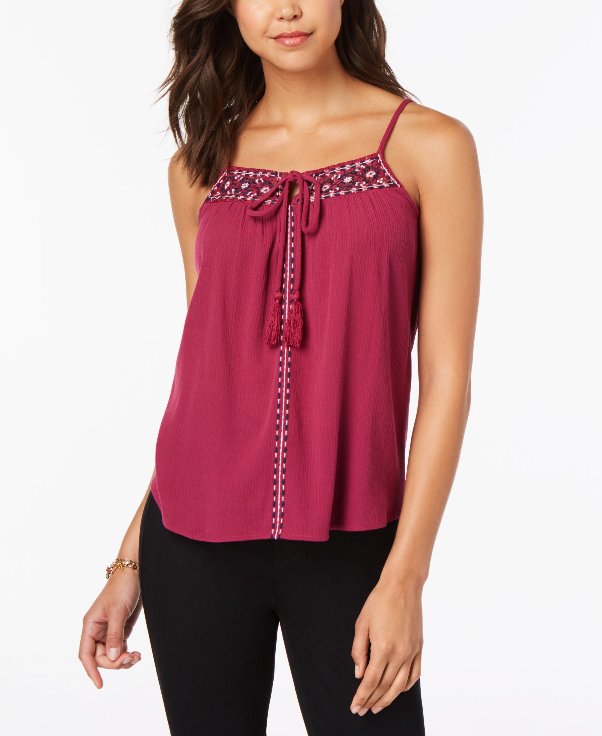 Juniors' Embroidered Tie-Front Tank Premium Top
