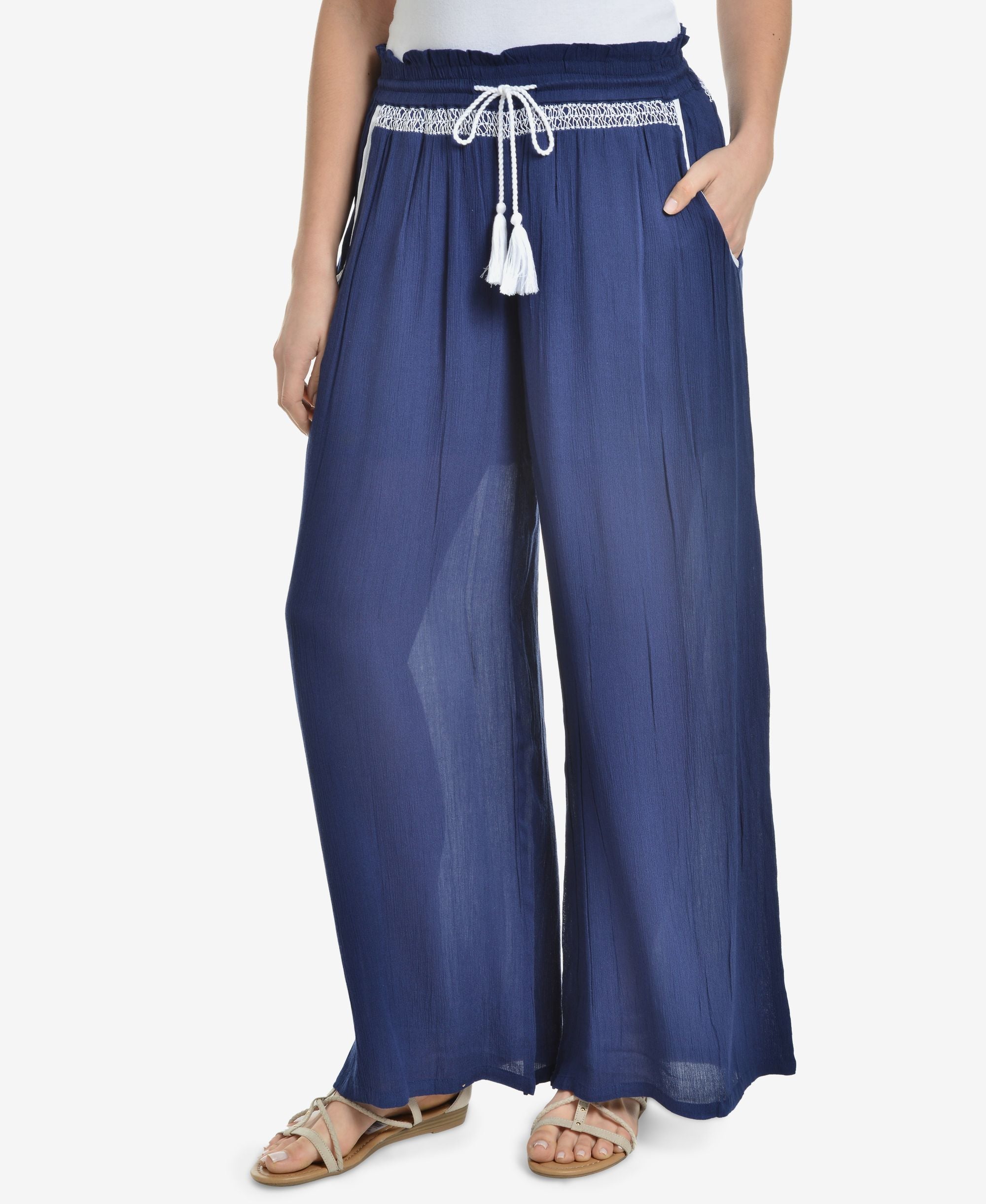 NY Collection Embroidered Tassel Tie Palazzo Signature Pants