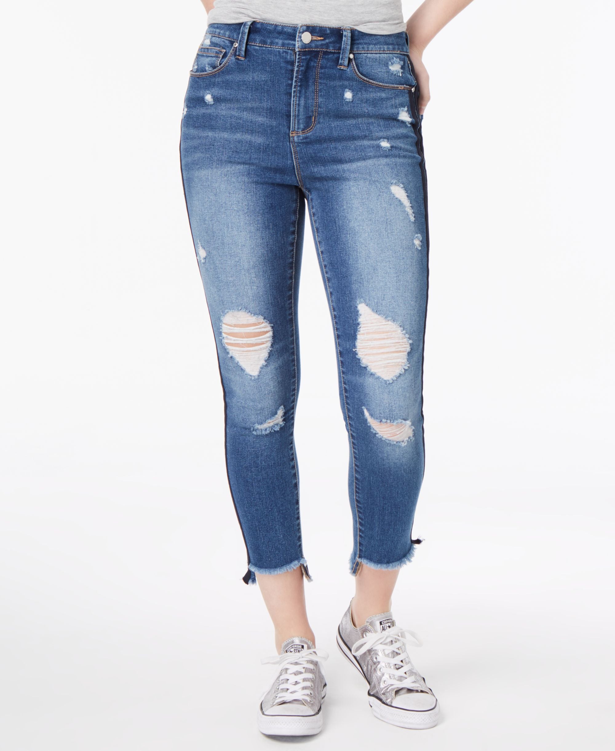 Tinseltown Juniors Ripped Varsity Stripe Ankle Skinny-Fit Premium Jeans