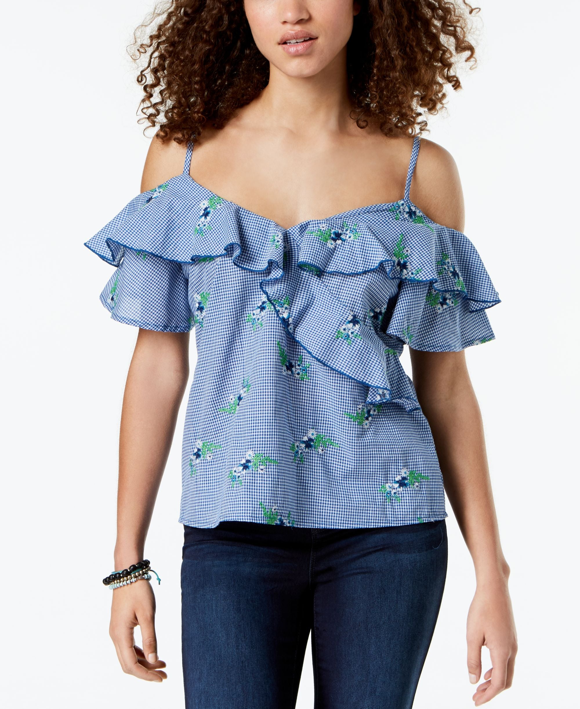 Juniors' Ruffled Gingham Off-The-Shoulder Signature Blouse