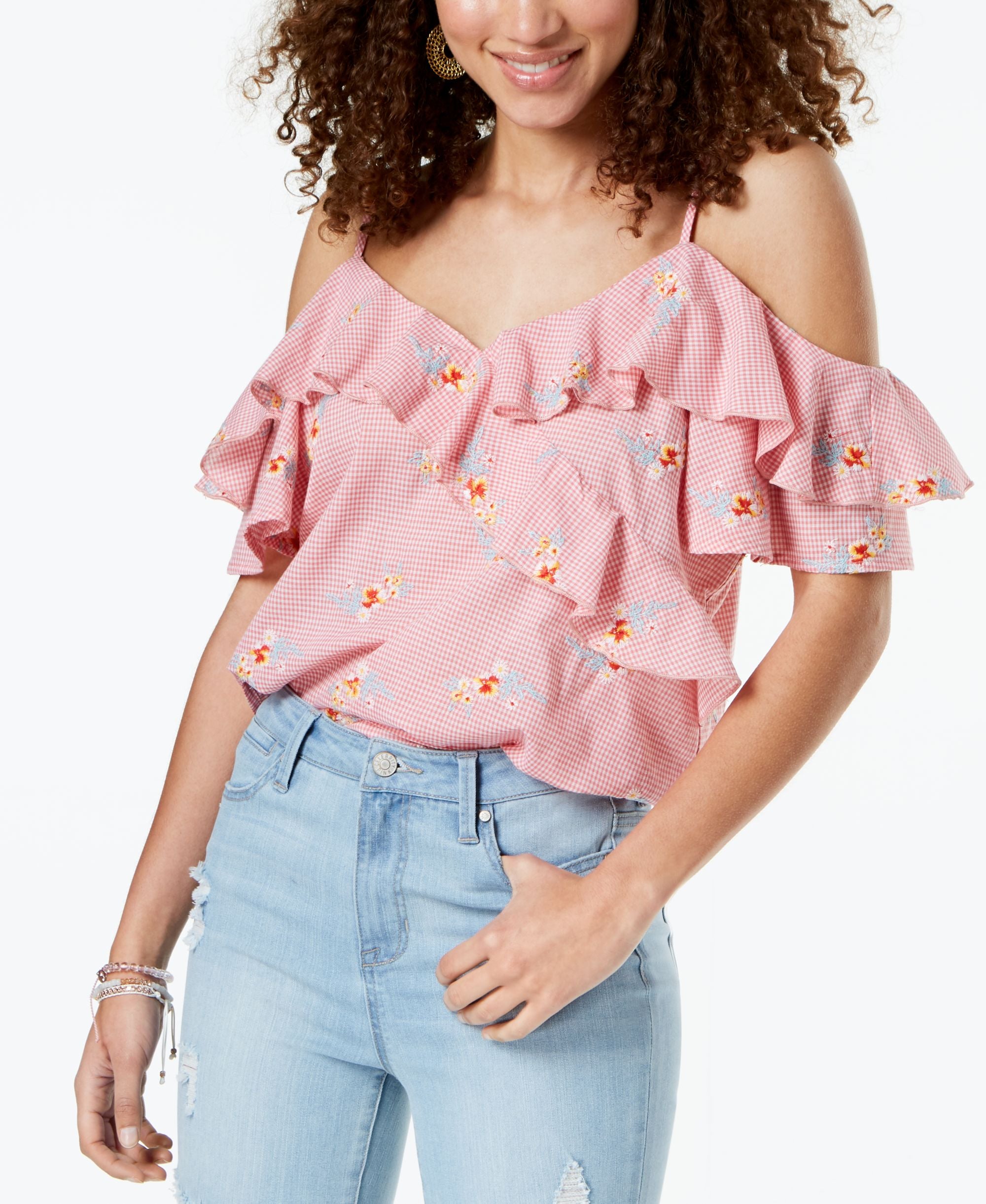 Juniors' Ruffled Gingham Off-The-Shoulder Signature Blouse