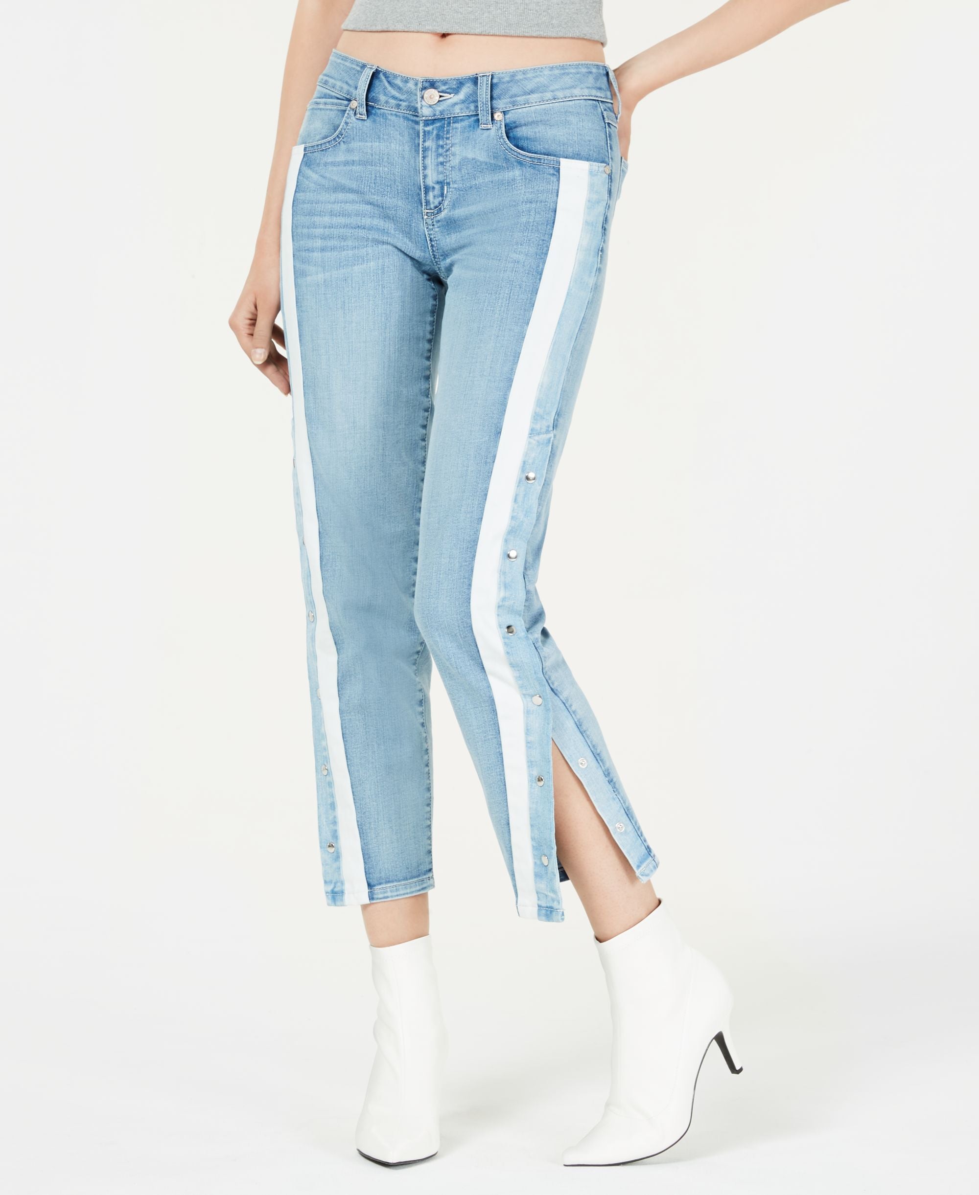 Juniors' Striped Snap-Side Premium Jeans