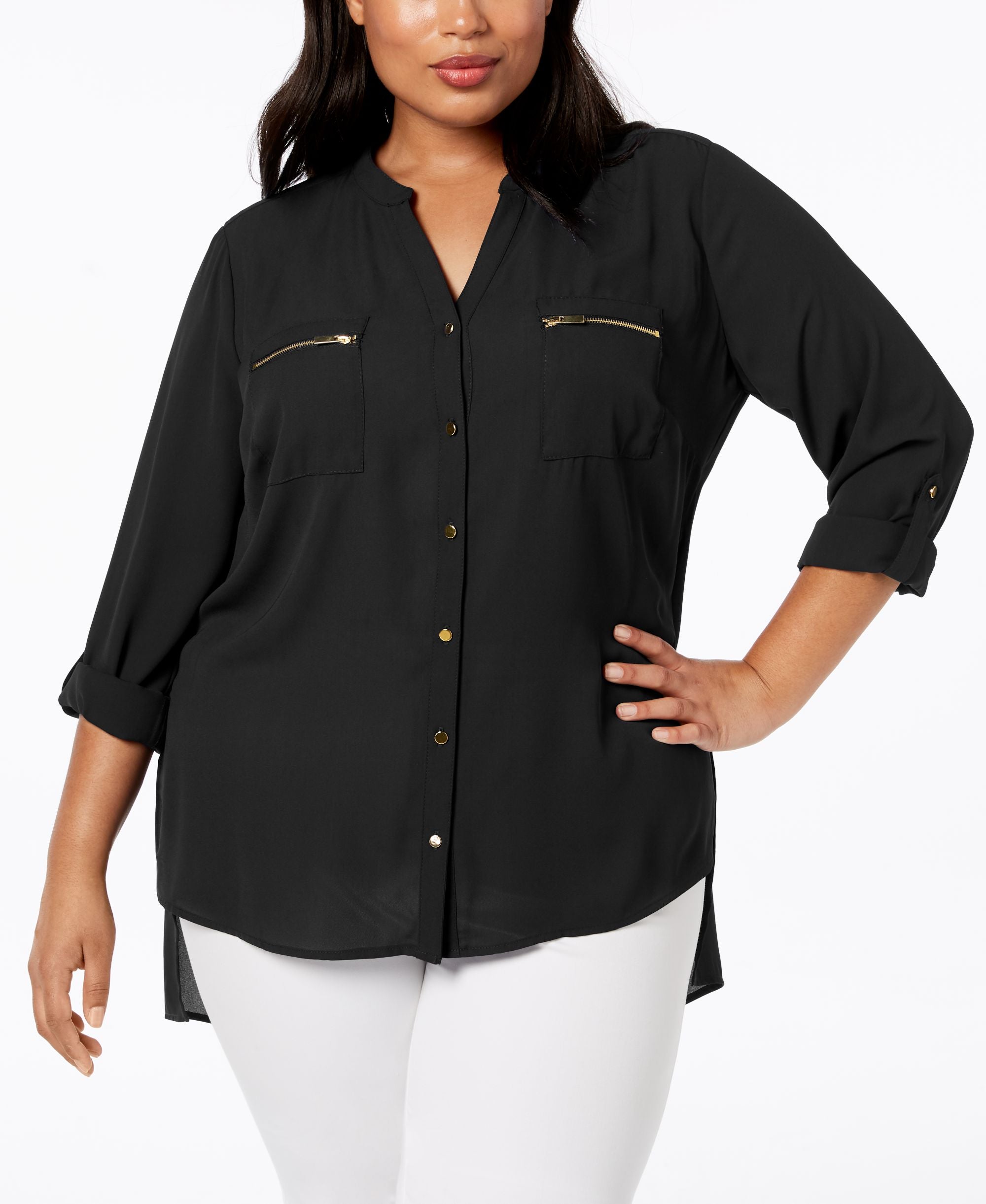 Plus Size Tab-Sleeve High-Low Modern Shirt